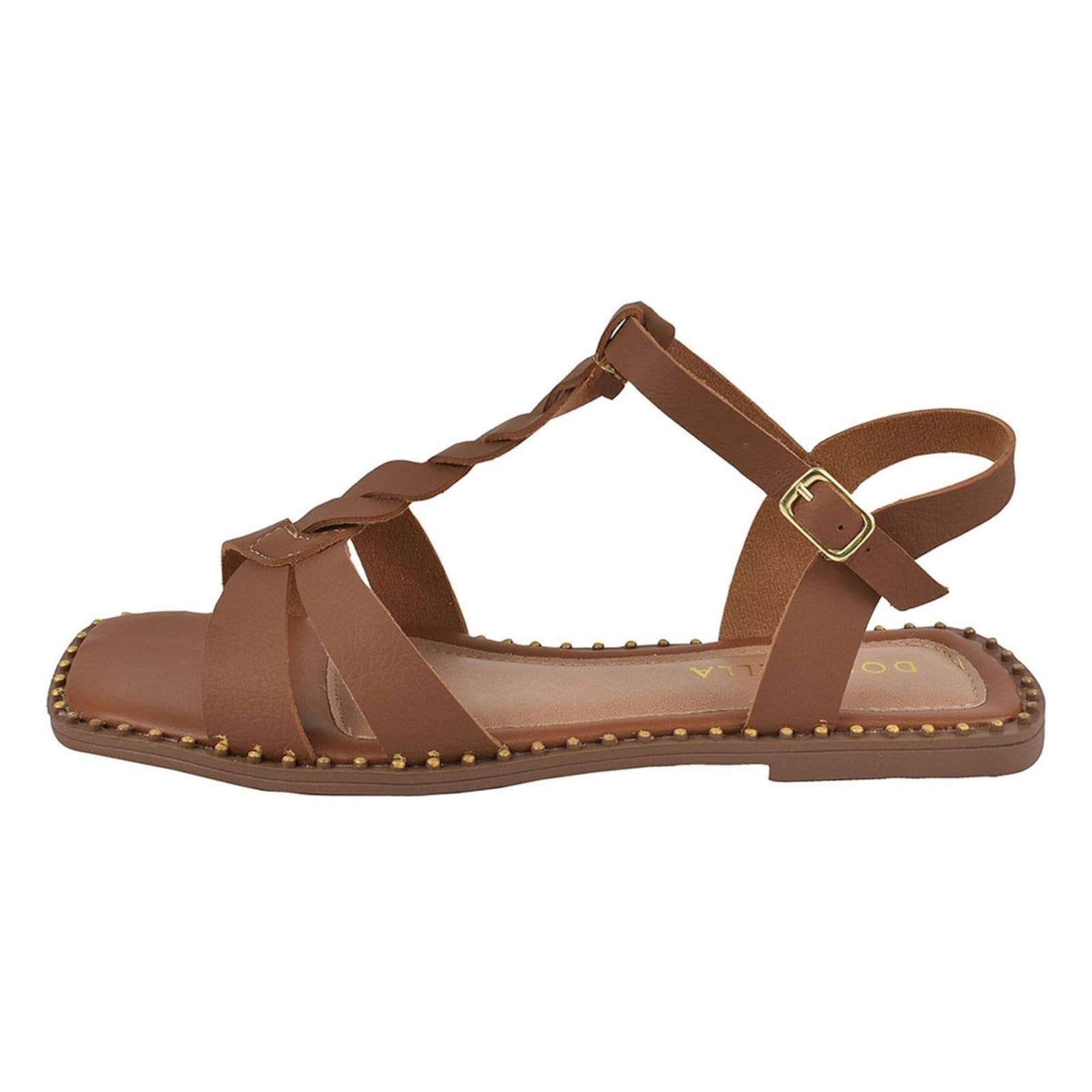 Vista 2 Sandália Rasteira Feminina Bico Quadrado CM Calçados Rasteirinha Rebite Trança Leve Macia Monte Shoes caramelo