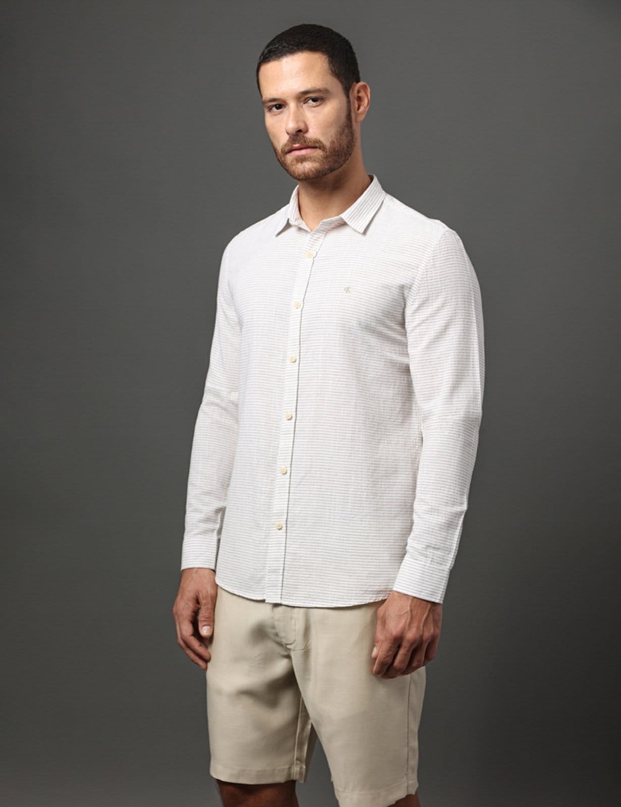 Camisa Masculina Fine Stripes Calvin Klein Jeans - Caqui Claro