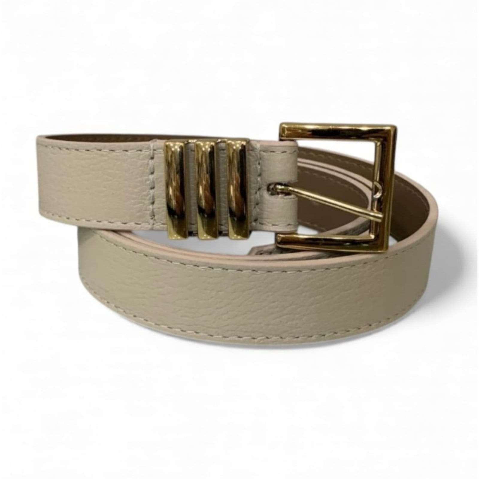 Vista 2 Cinto Feminino em Couro Fivela Quadrada Dourada 006 Off White Mariart off-white white
