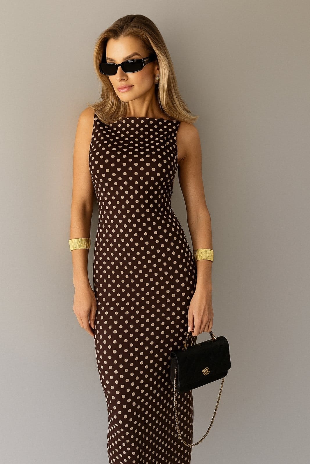 Vista 2 Vestido Regata de Tule Midi D Bell Outlet Fashion Poá D BELL OUTLET FASHION marrom