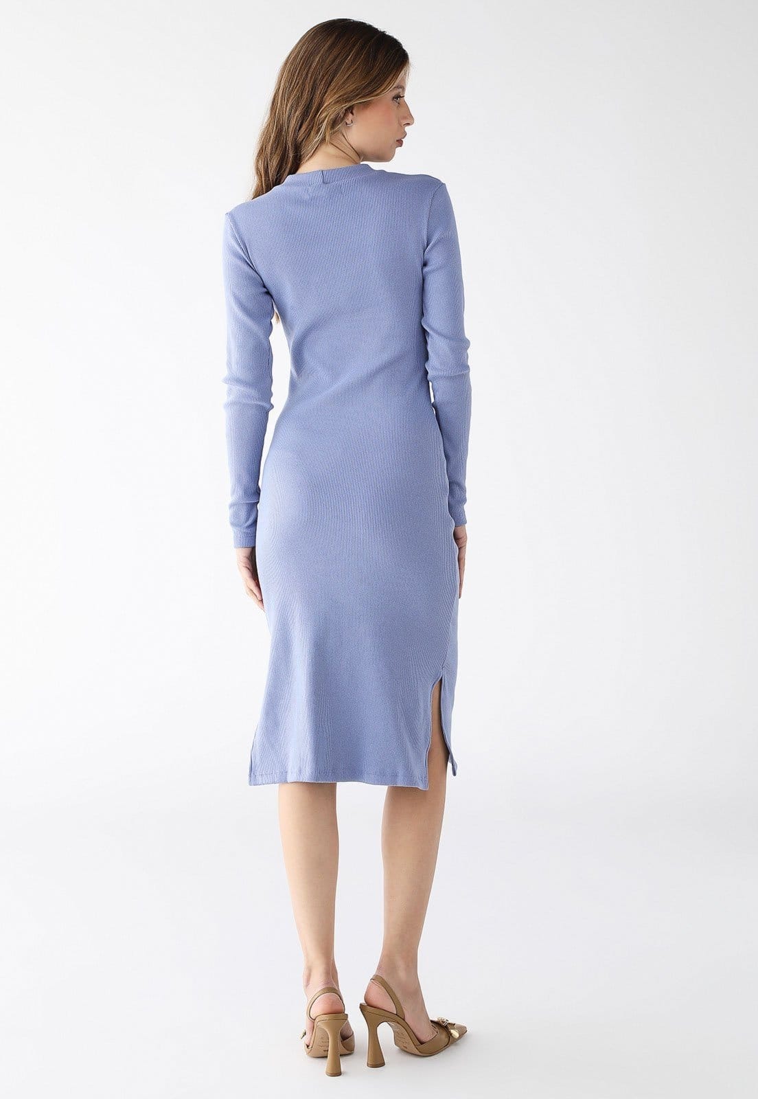Vista 2 Vestido Midi Manga Longa Levosch Fendas Laterais Azul Serenity 77VS LEVOSCH cinza azul