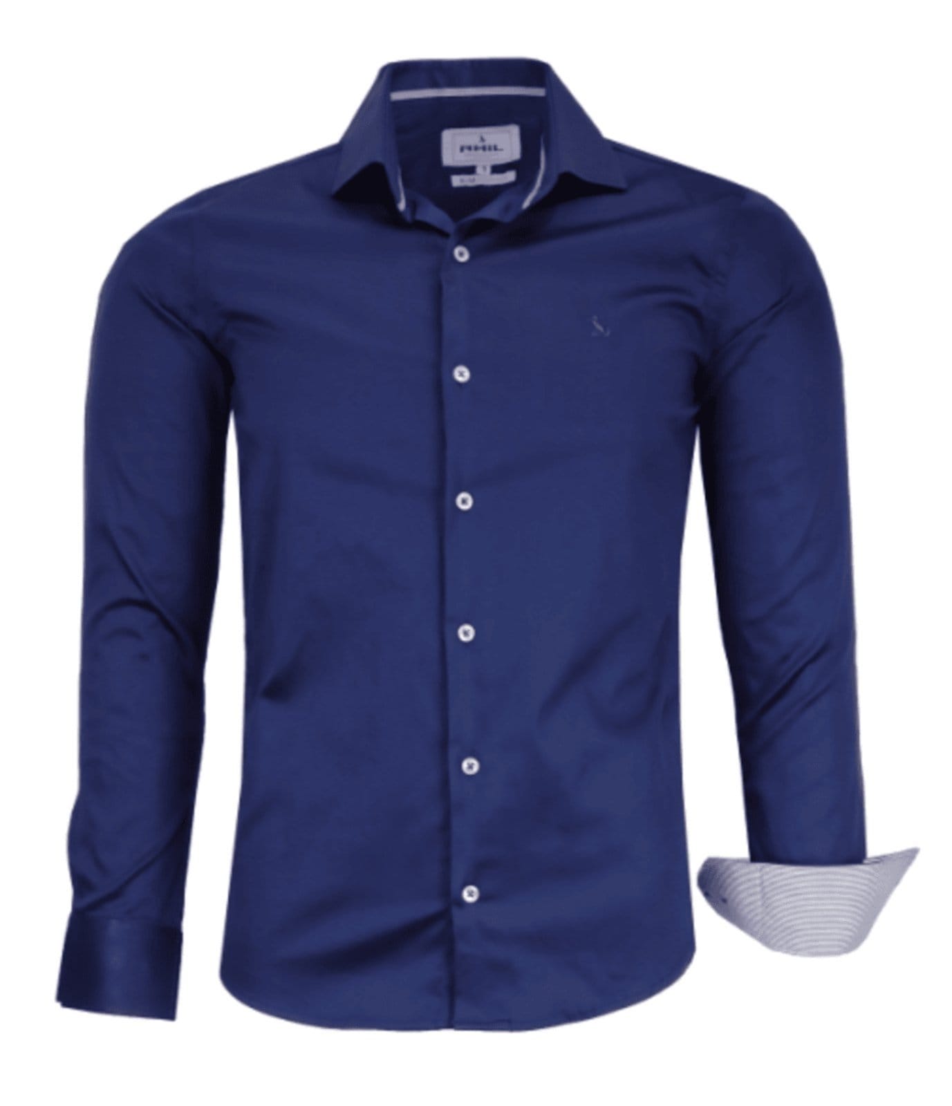 Vista principal Camisa Social Amil Ambar Tecido Algodão Com Elastano Acetinado Macia Manga Longa Luxo Índigo Amil azul marinho índigo