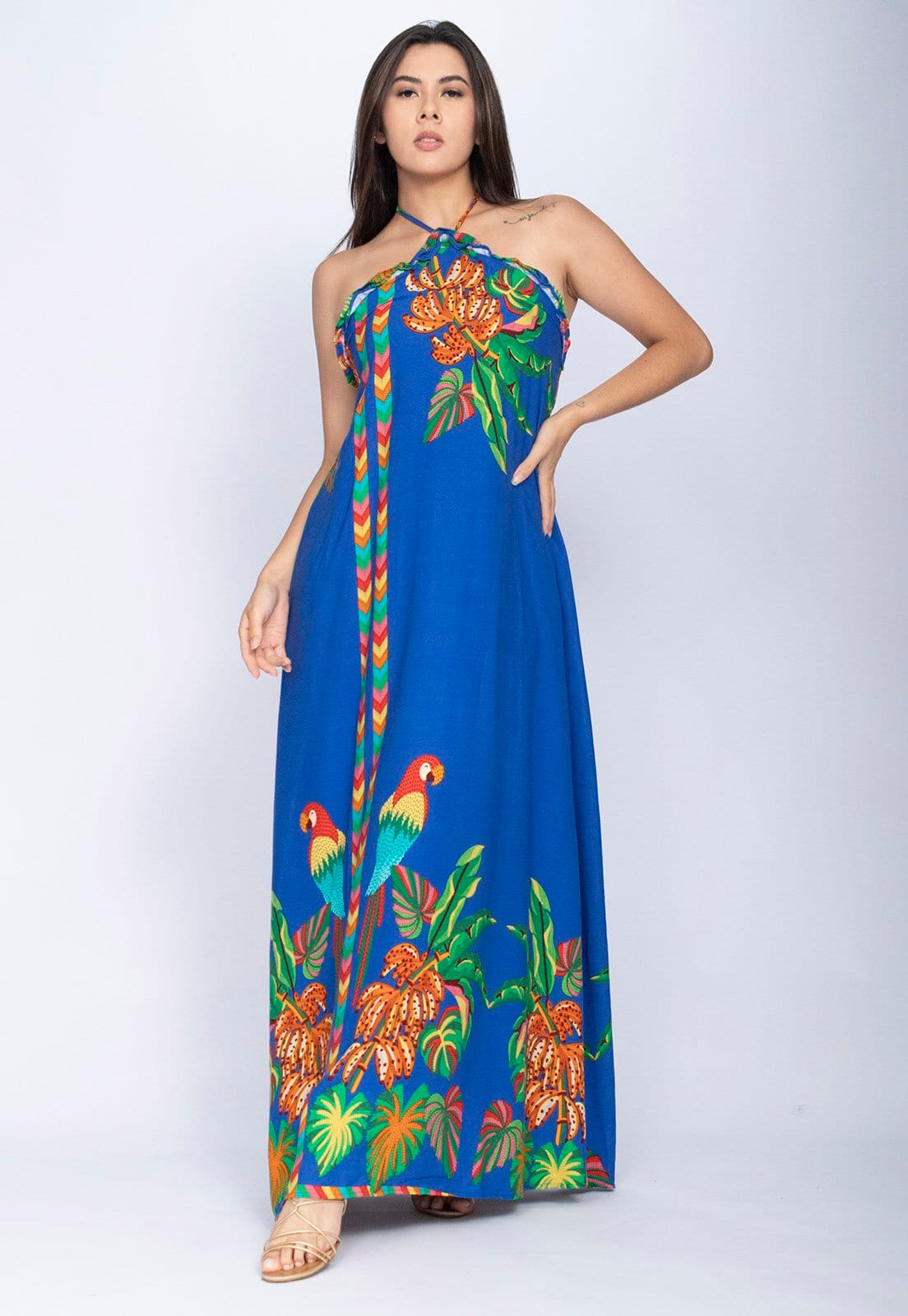 Vista 2 Vestido Amazônia Vital Trapézio Longo Estampa Ararê Blue Amazonia Vital azul/estampado blue