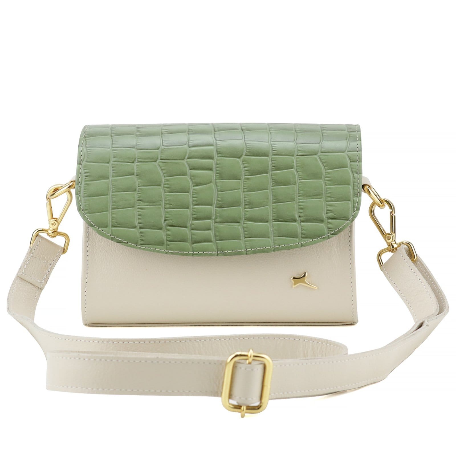Vista 2 Bolsa Transversal Mr. Gutt Couro Pequena Alça Ajustavel Verde/Offwhite Mr. Gutt off-white verde