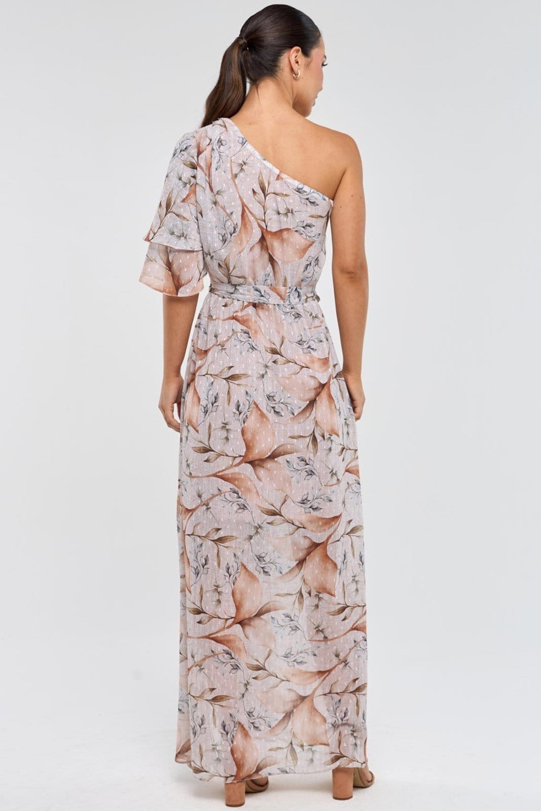 Vista principal Vestido Longo PKS Um Ombro Só Estampa Mousse PKS bege
