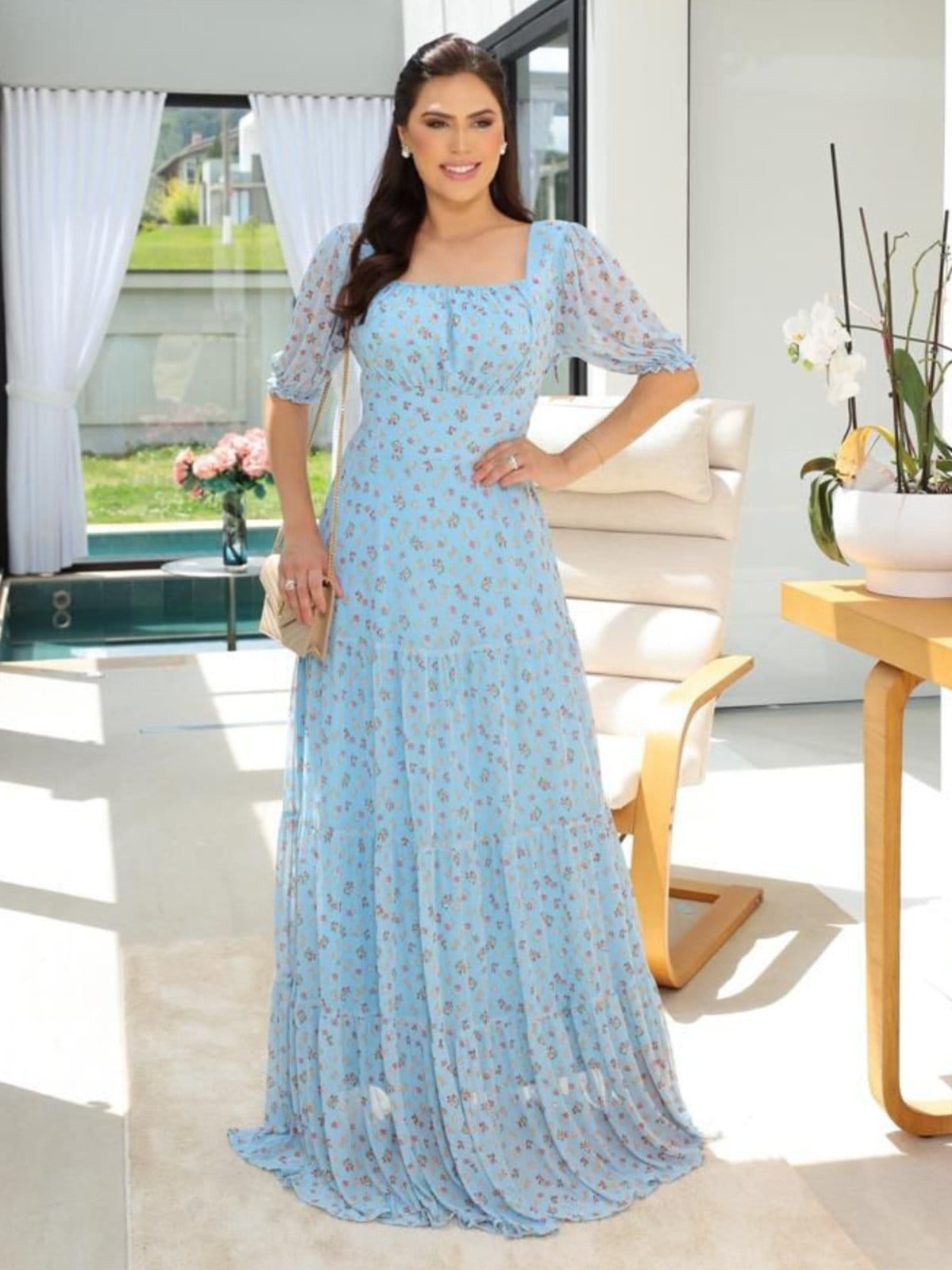 Vestido Feminino Longo Rodado em Tule Estampado Manga Princesa Moda Evangélica Azul