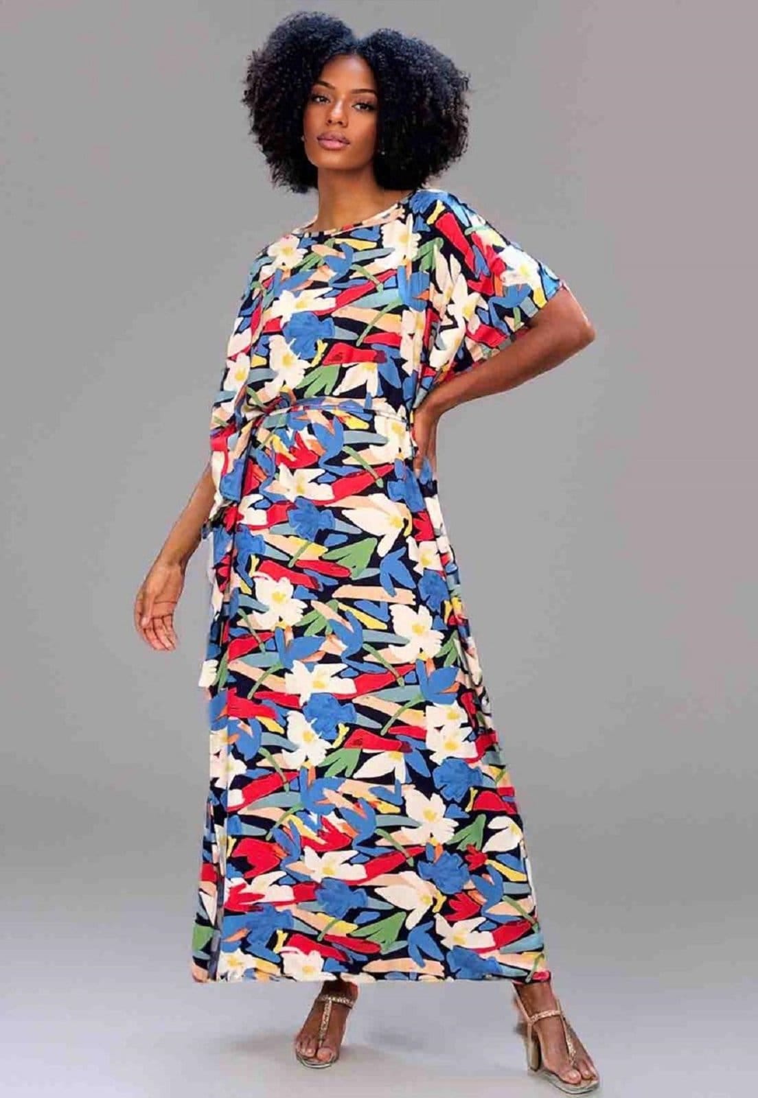 Vestido Kaftan Viscose Longo Estampa Floresce