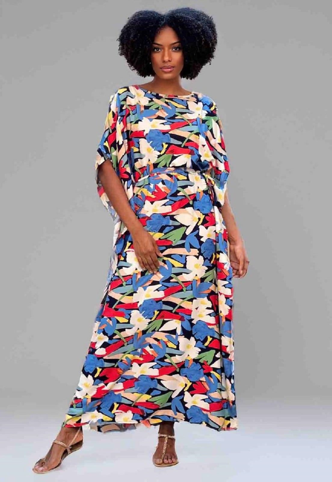 Vista 2 Vestido Kaftan Viscose Longo Estampa Floresce Amazonia Vital azul/branco/estampado/vermelho