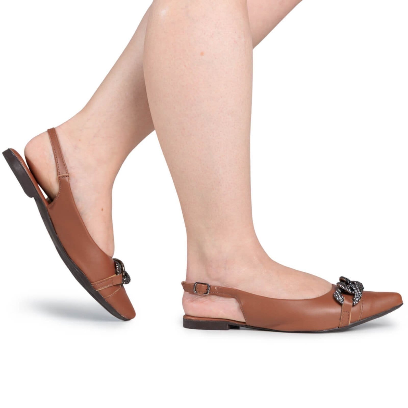 Vista 2 Sapatilha Feminina Slingback Corrente Moderna Elegante Confortável Casual Social Via Angel 94.02 VIA ANGEL caramelo
