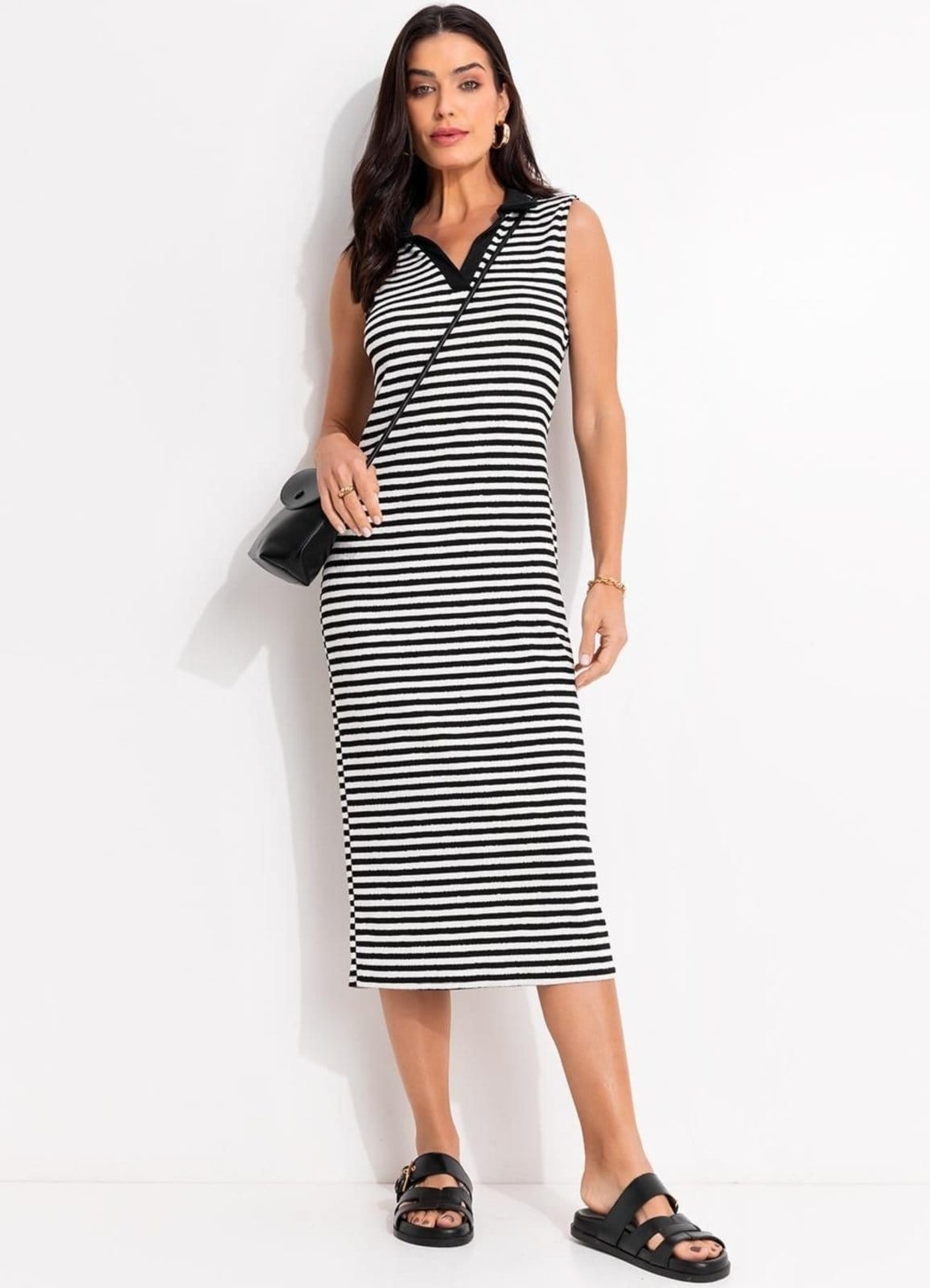 Vista principal Vestido Em Meia Malha Quintess Listrado E Branco Quintess preto