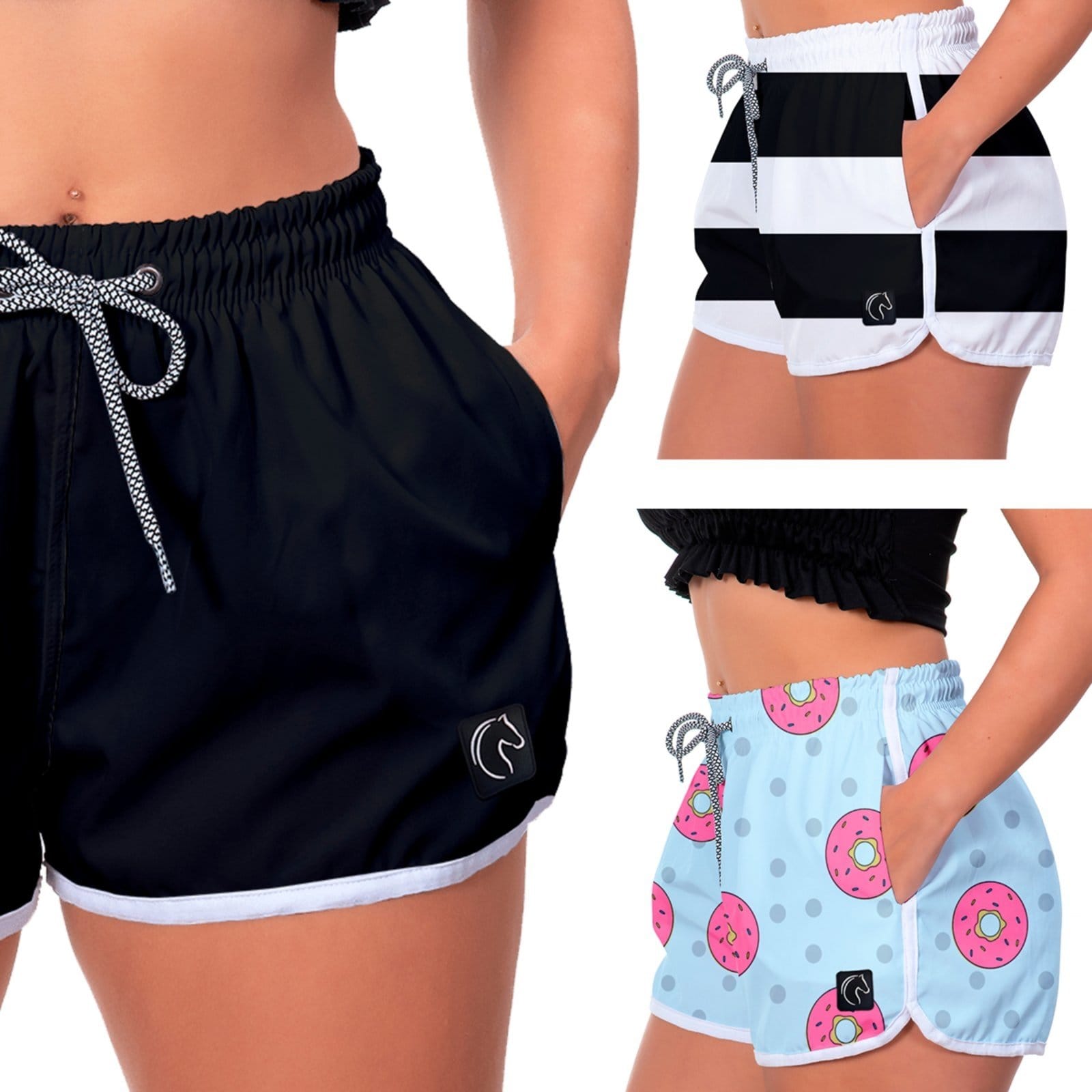 Kit 3 Shorts Feminino Premium Secagem Rápida com Elástico Cordão Ajustável e Bolsos Moda Praia Casual ou Treino Academia Listras e Rosquinhas