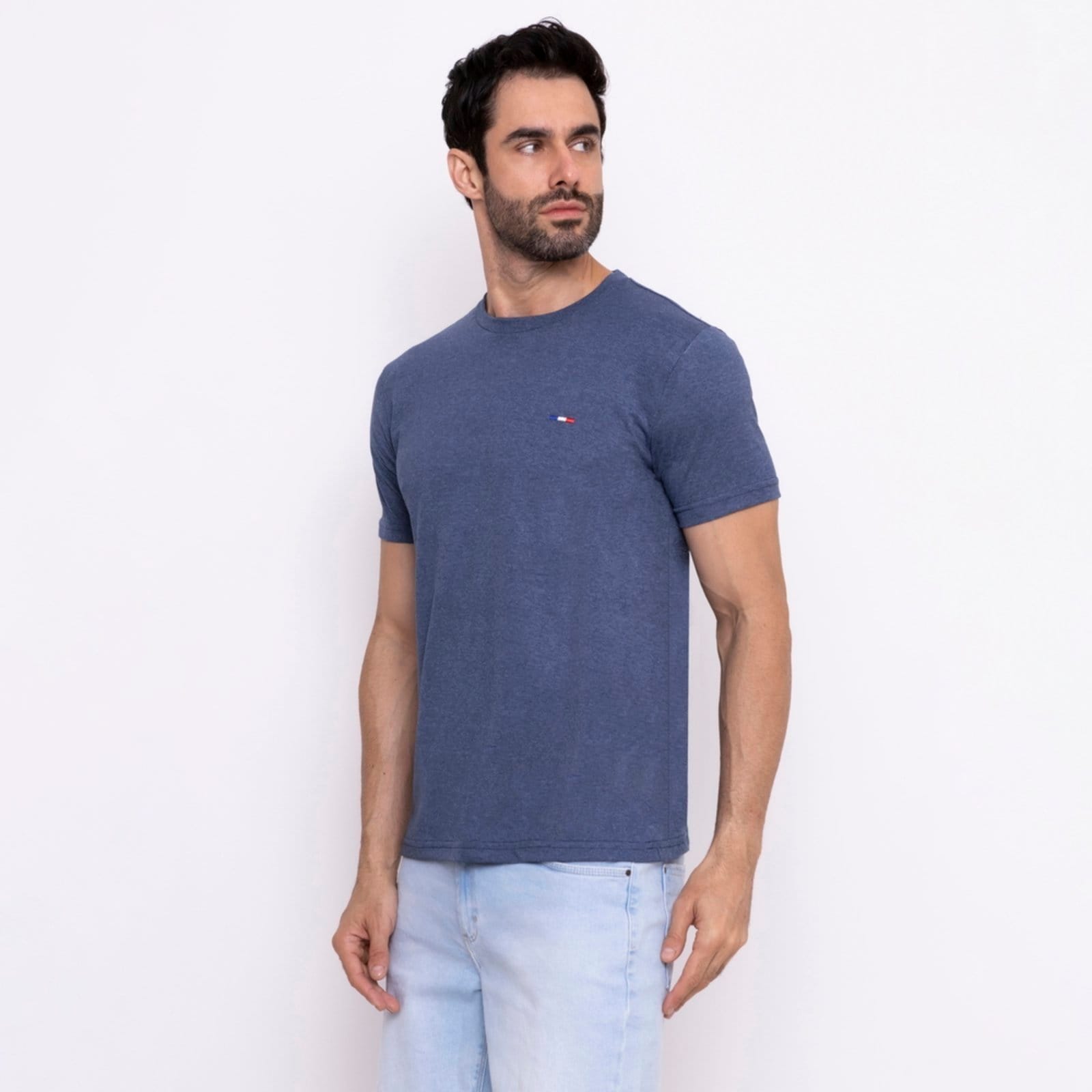 Vista principal Camisetas FMF Básicas Masculina Industrie em Algodão Premium no Estilo Tommy Bordado França Azul Mescla FMF jeans azul