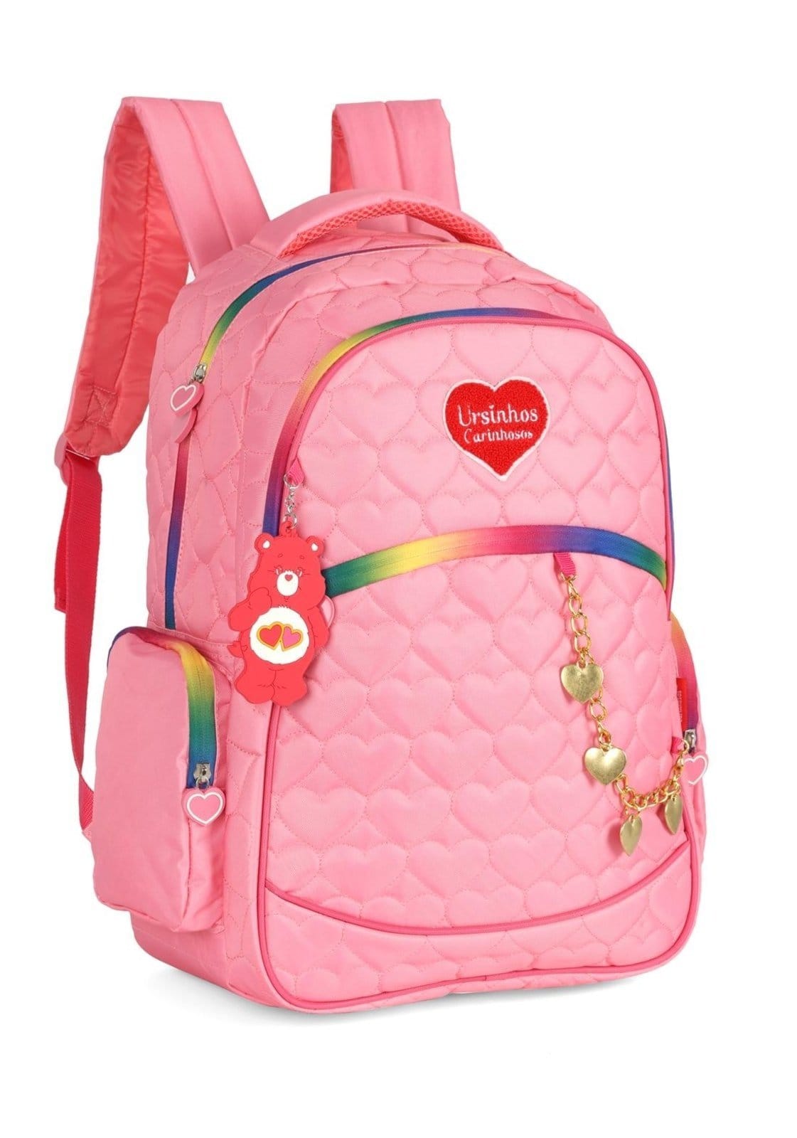 Vista 2 Infantil - Mochila de Costas Média Juvenil Matelassê Coração Notebook Corrente Ursinhos Carinhosos Luxcel rosa