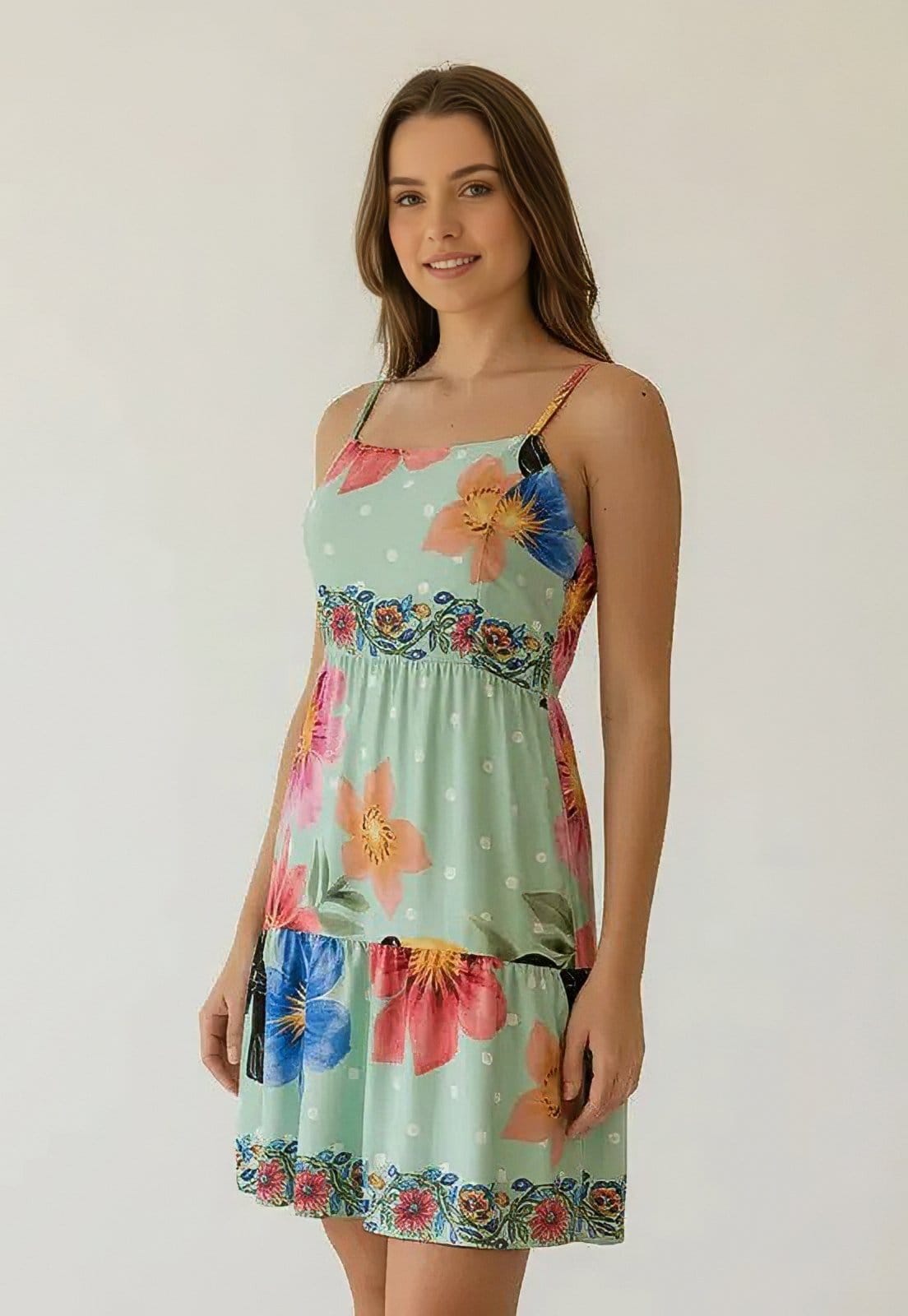 Vista 2 Vestido CabanaFree Curto Alça Fina Estampa Flor de Água Cabanafree branco/estampado