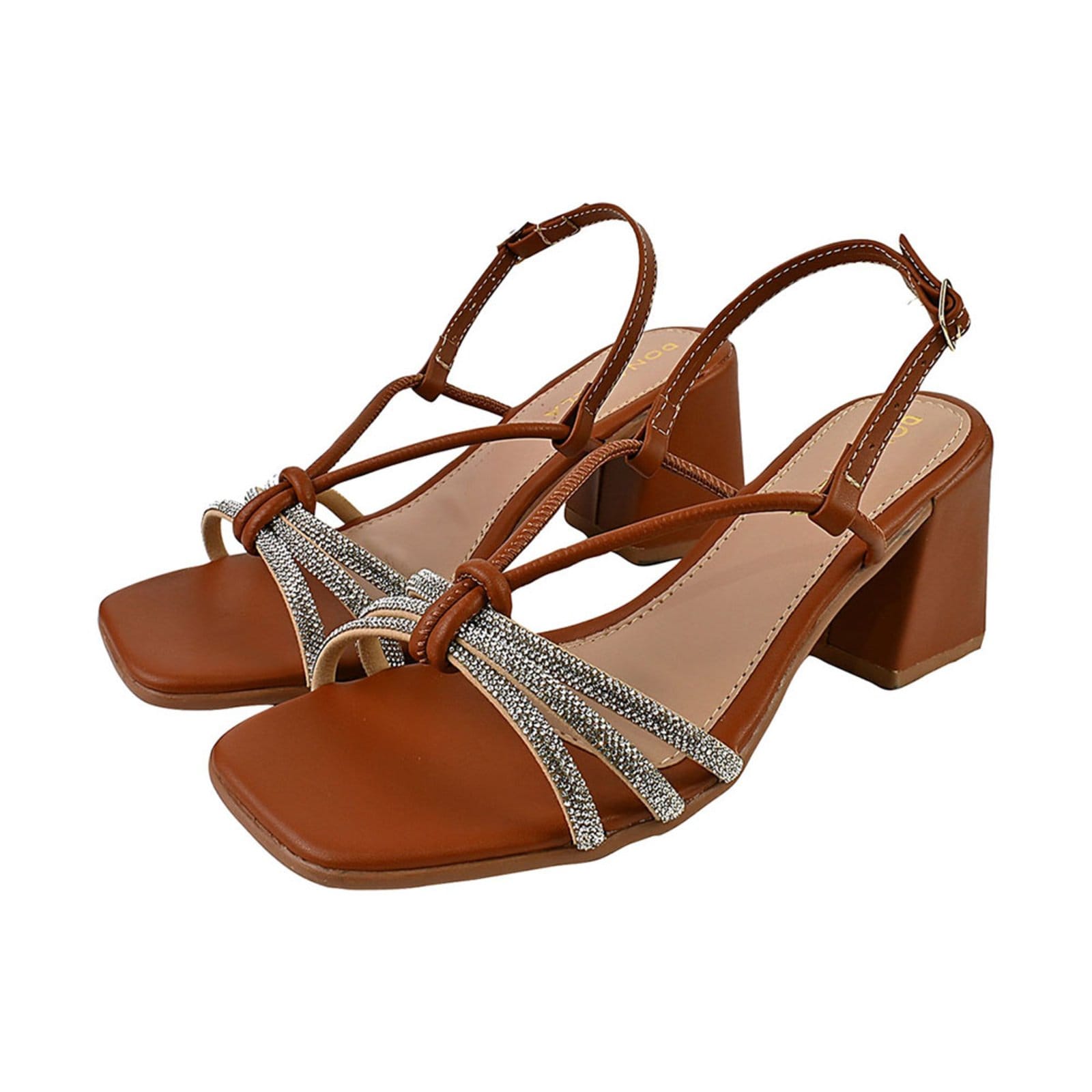 Sandália Feminina Salto Alto Donatella Shoes Bico Quadrado Casual Santorine Brilho Strass