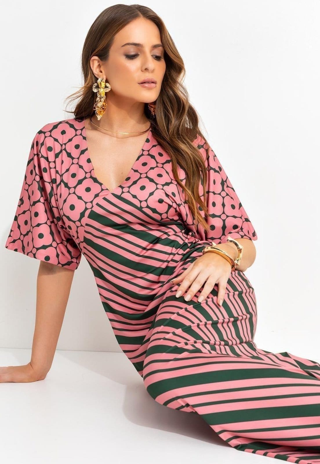 Vestido Em Malha Fria Listrado Bicolor