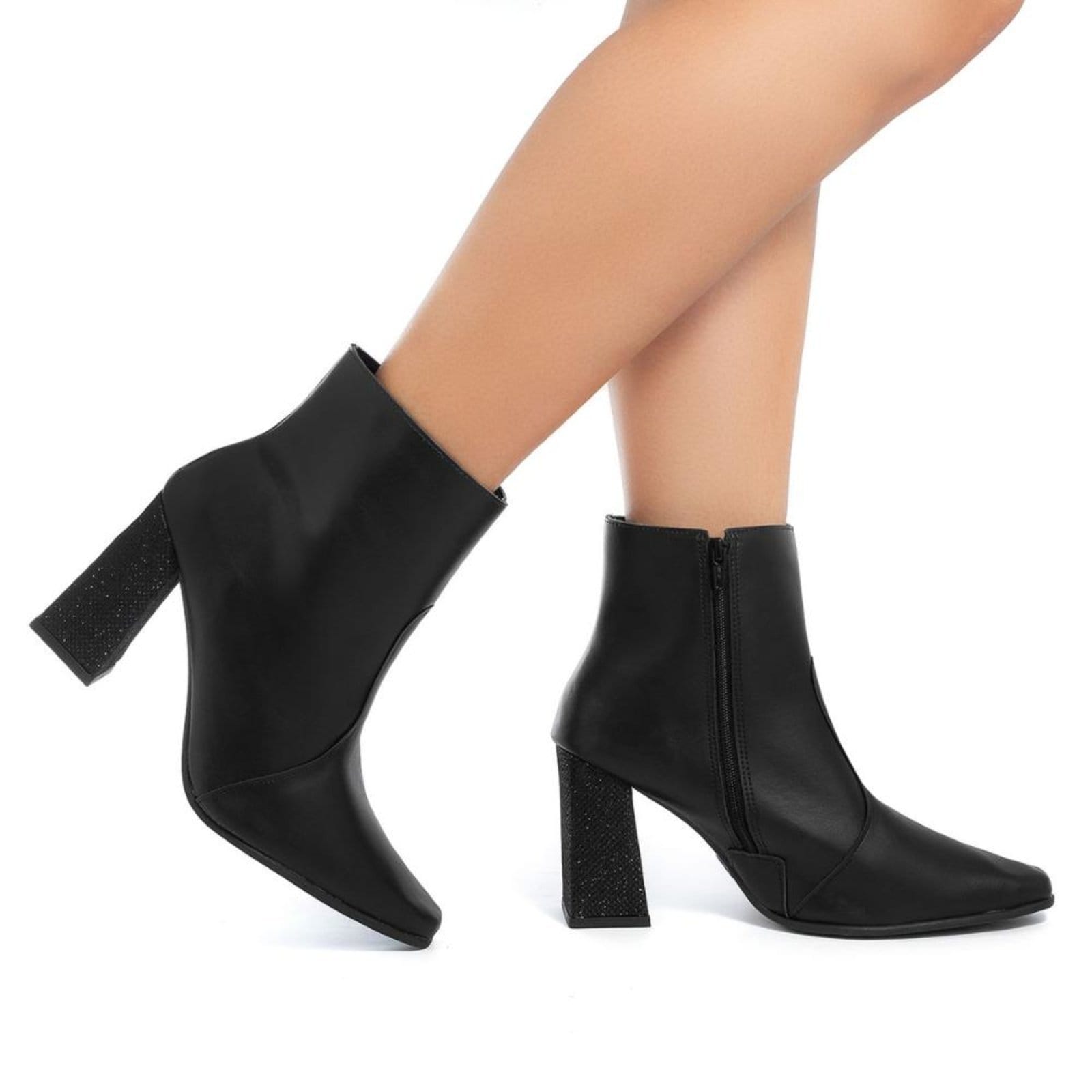 Vista 2 Bota Feminina Strass Bico Quadrado Salto Alto Confortável Stessy Shoes preto