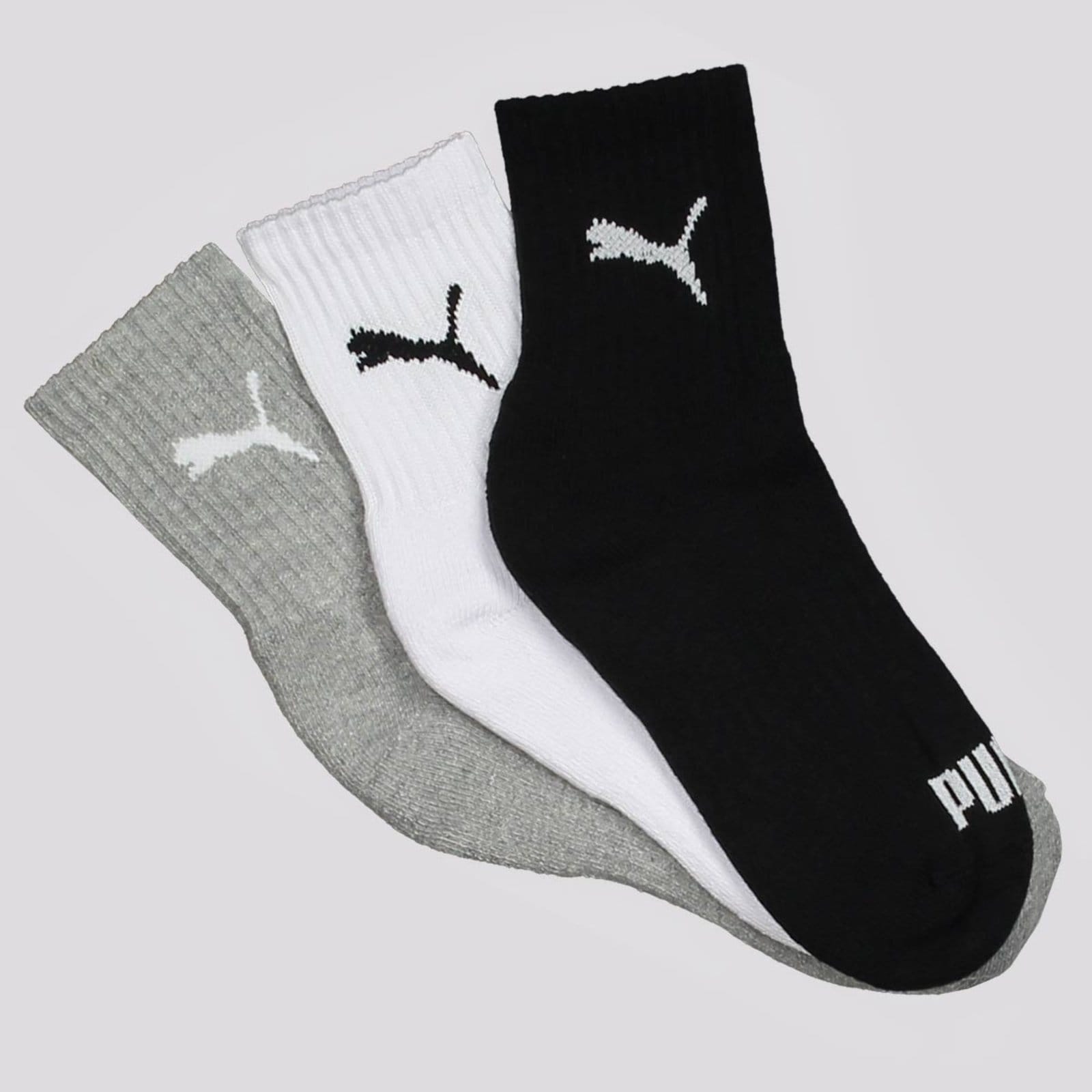 Vista principal Kit Meia Puma Cano Médio 3 Pares Feminina Cinza, P Puma multicolorido