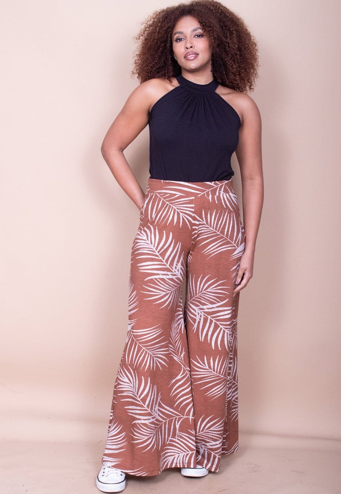 Calça Cabanafree Pantalona Granja Malha Estampa Palmas da Terra