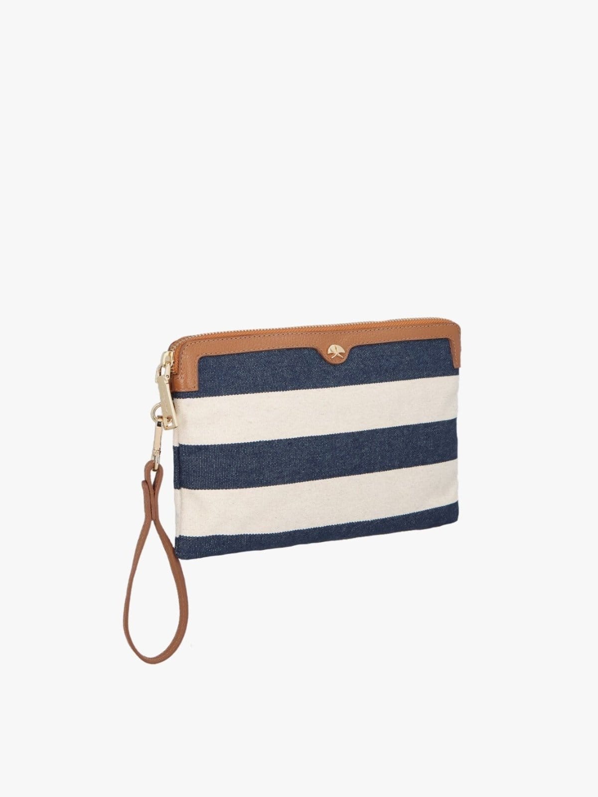 Clutch Luiza Barcelos Listrada Naval Com Detalhes Em Couro Caramelo