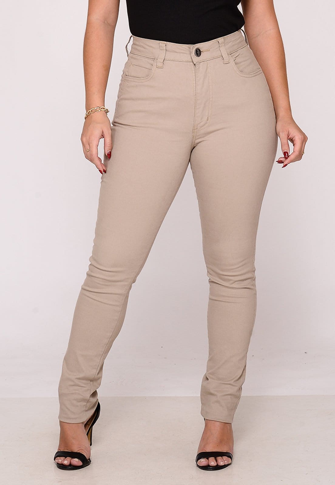 Calça Sarja Feminina Macaw Skinny Conforto Elastano Cintura Alta Caqui