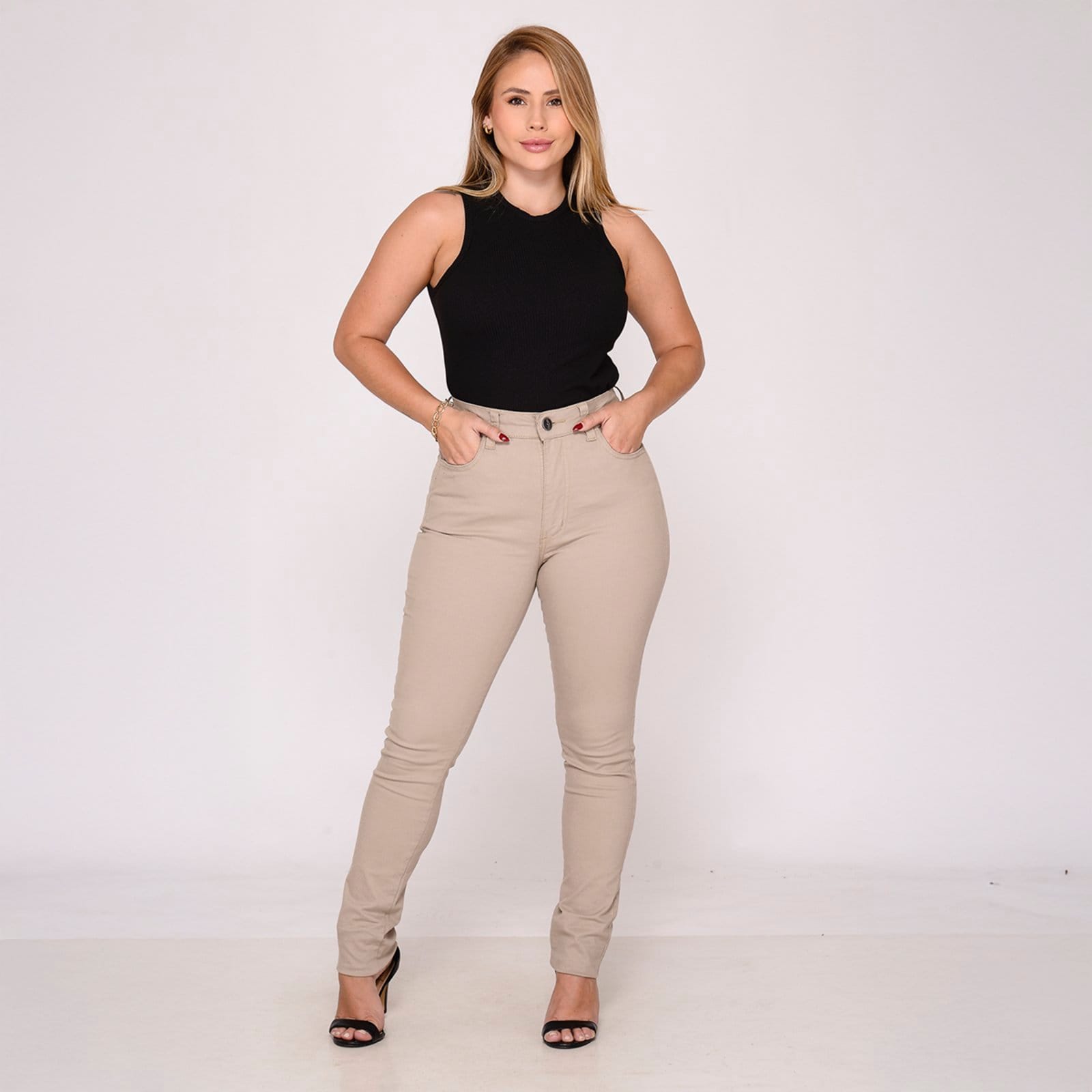 Vista 2 Calça Sarja Feminina Macaw Skinny Conforto Elastano Cintura Alta Caqui Macaw amarelo/bege/cáqui caqui