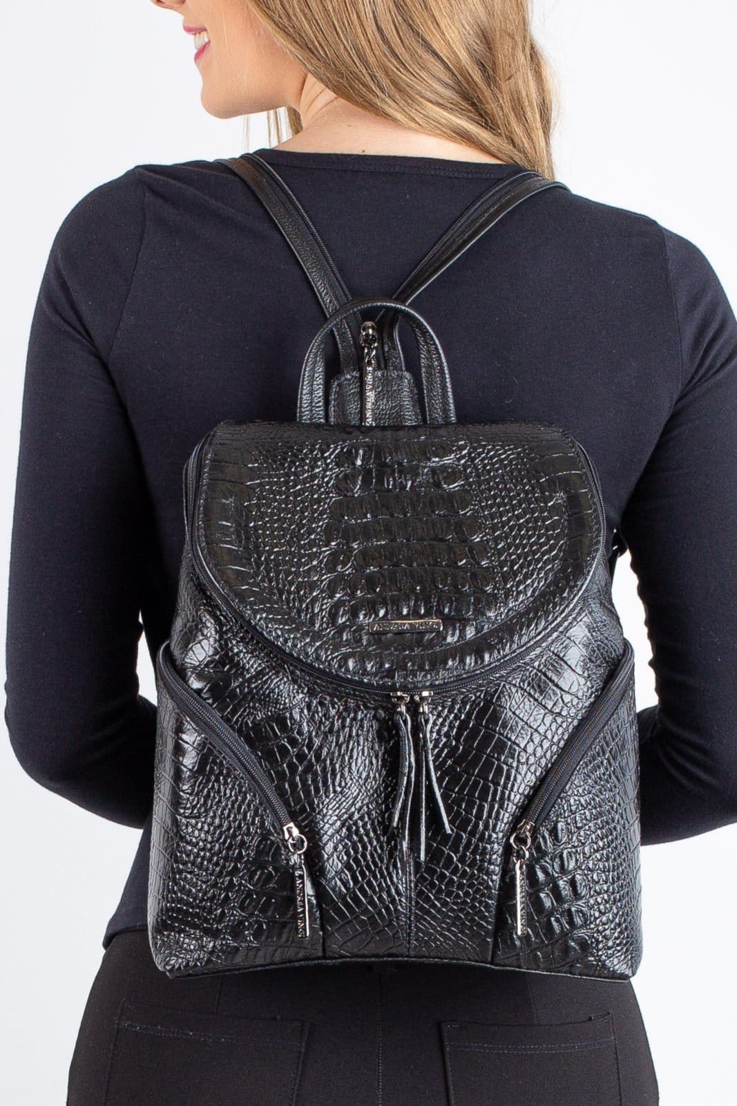 Mochila pequena de couro croco metais grafite Cecília