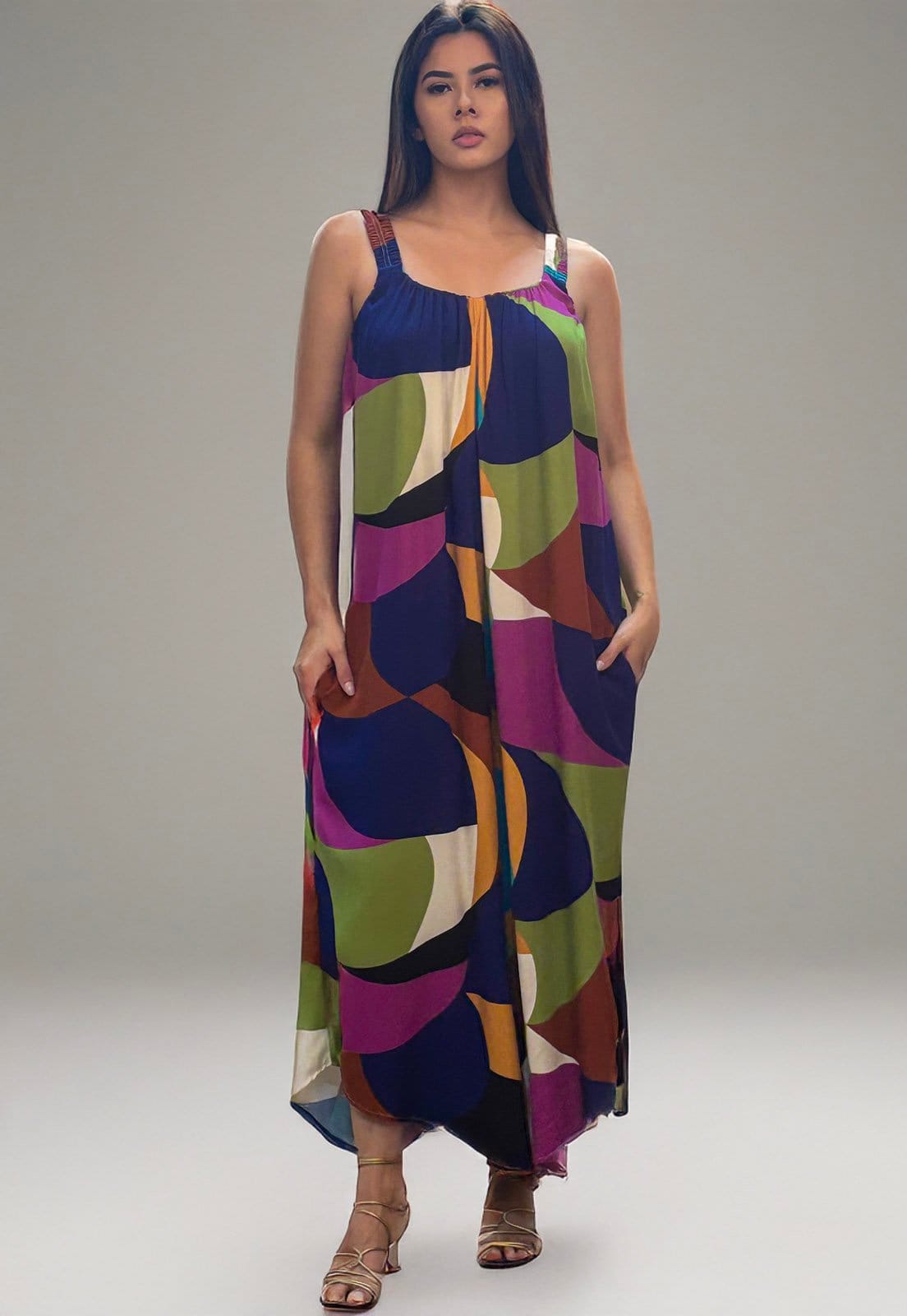 Vista 2 Macacão Amazonia Vital Saruel Viscose Alça com Elástico Estampa Jardim Amazonia Vital azul/estampado/multicolorido/preto/roxo azul