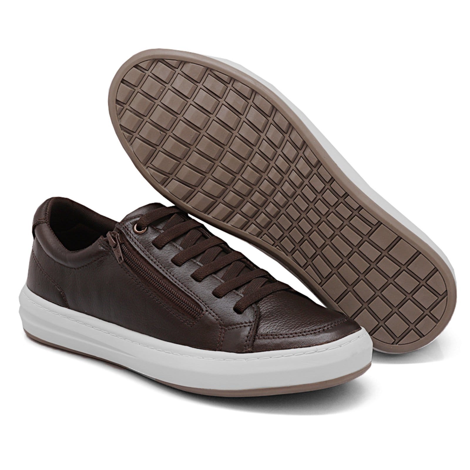 Vista 2 Tênis Casual Sapatênis Em Couro Calce Fácil Elástico Zíper Lateral Nine4 café/marrom