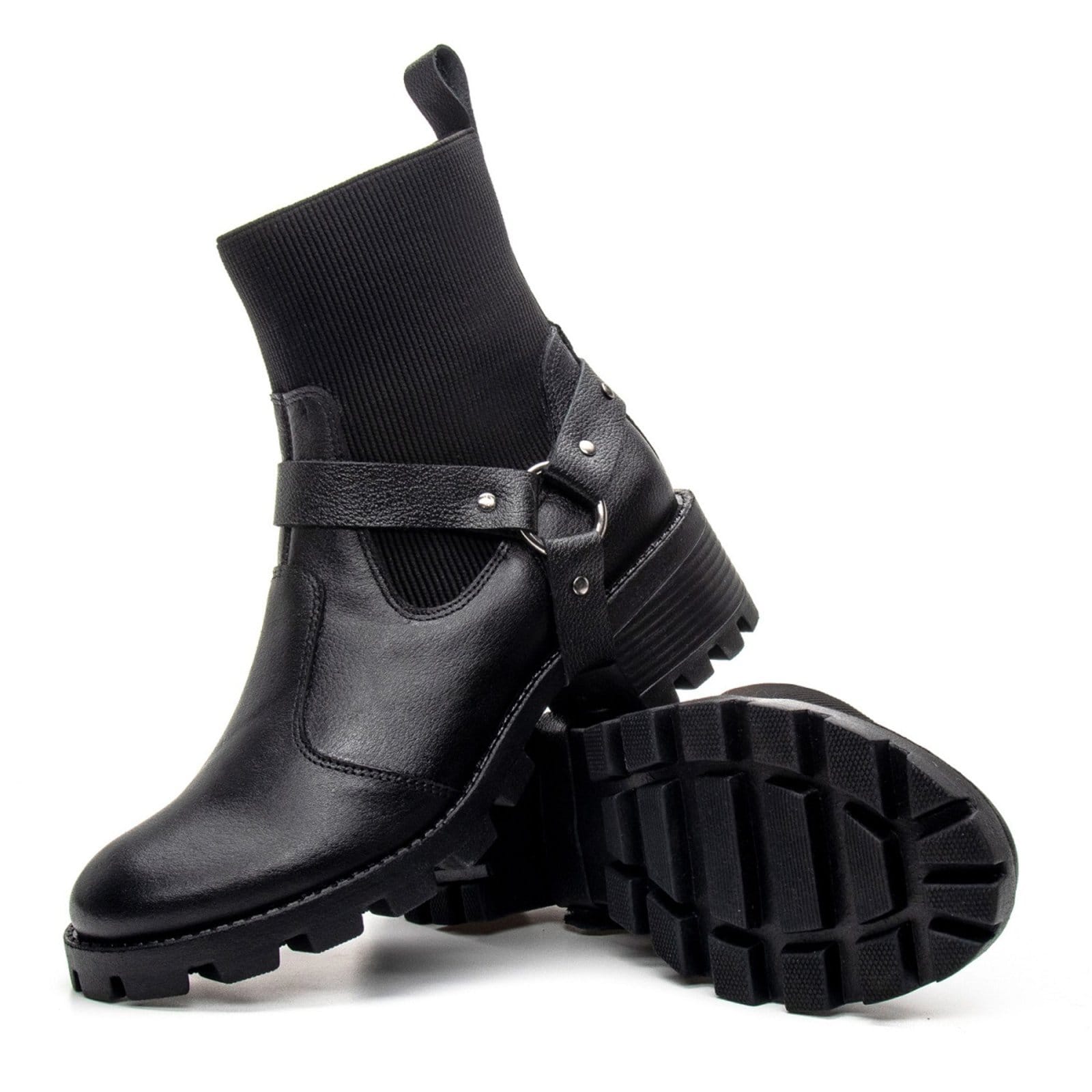 Vista principal Bota Coturno Tratorada Feminina em Couro Com Fivela Zafrem ZAFREM preto