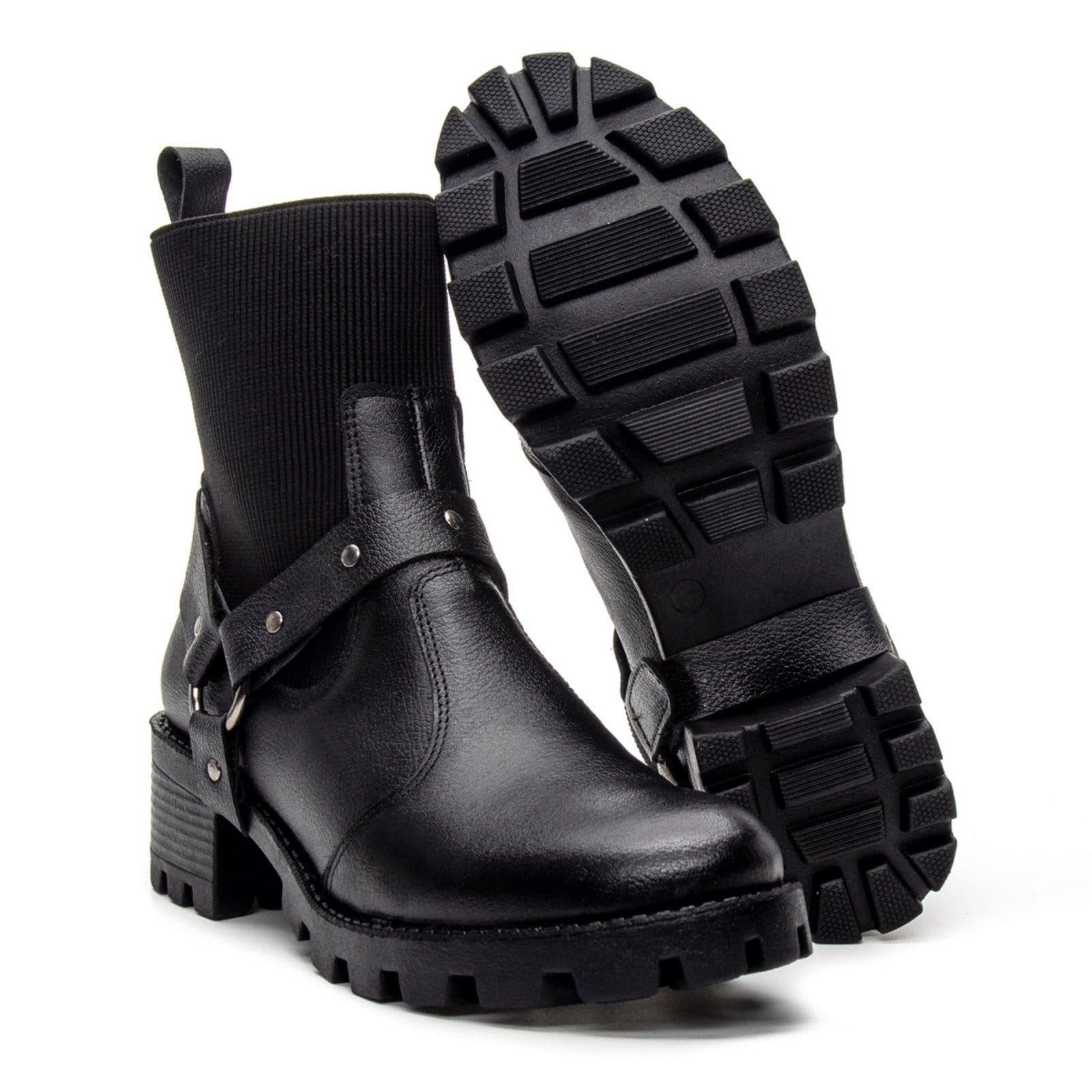 Vista 2 Bota Coturno Tratorada Feminina em Couro Com Fivela Zafrem ZAFREM preto