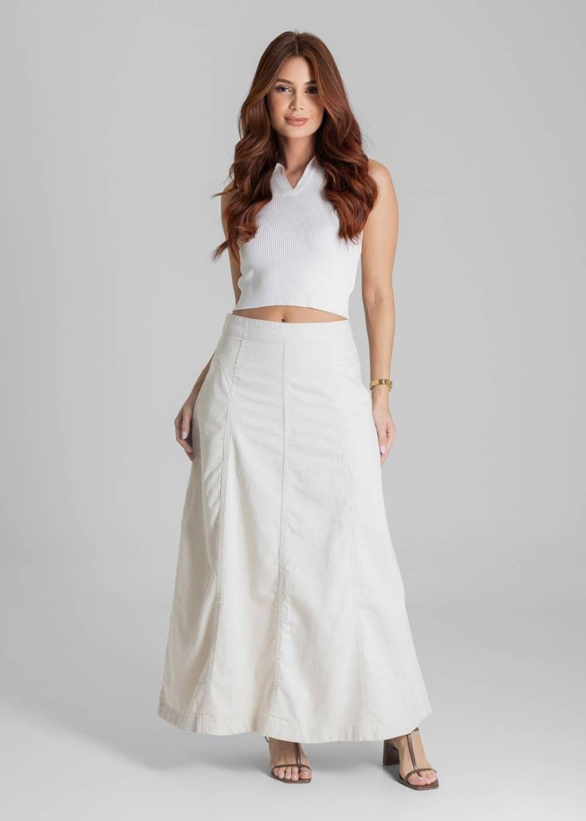 Vista 2 Saia Linho Sawary Midi - 280474 Sawary bege