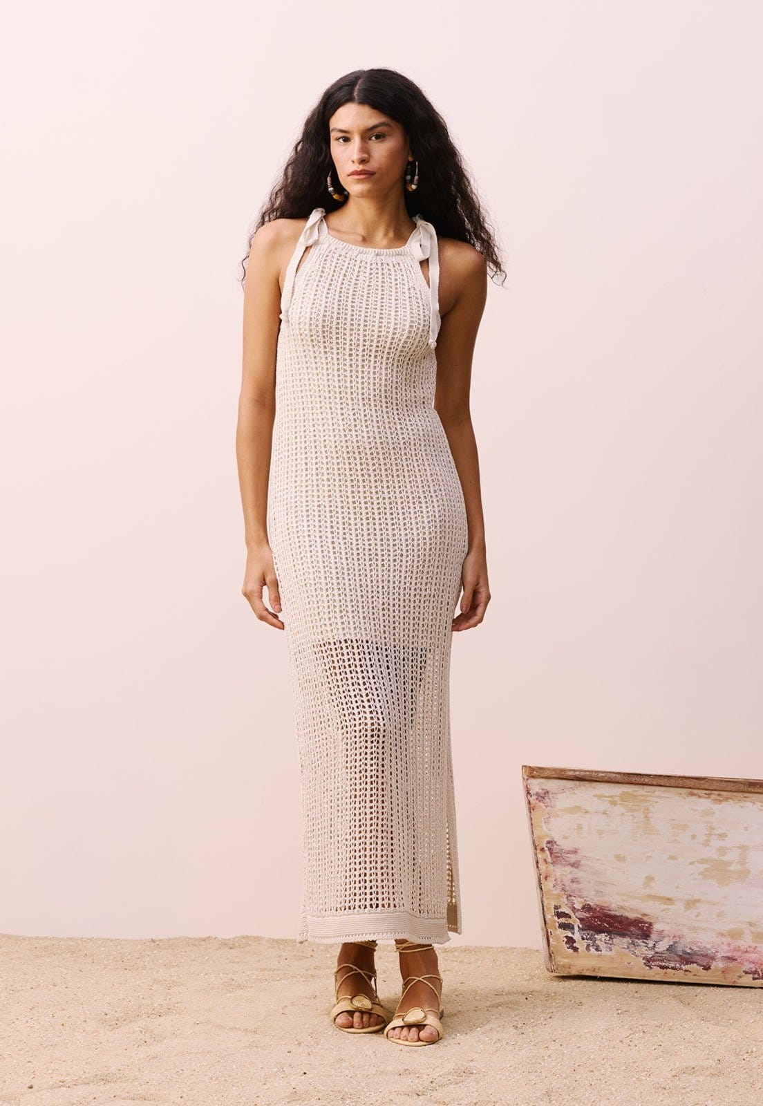 Vesido Longo Laços Ombros Rendado Tricot