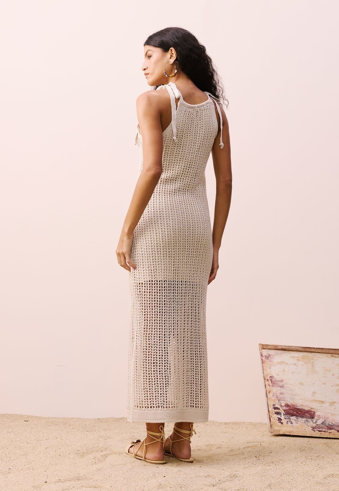 Vista 2 Vesido Longo Laços Ombros Rendado Tricot CaCay branco