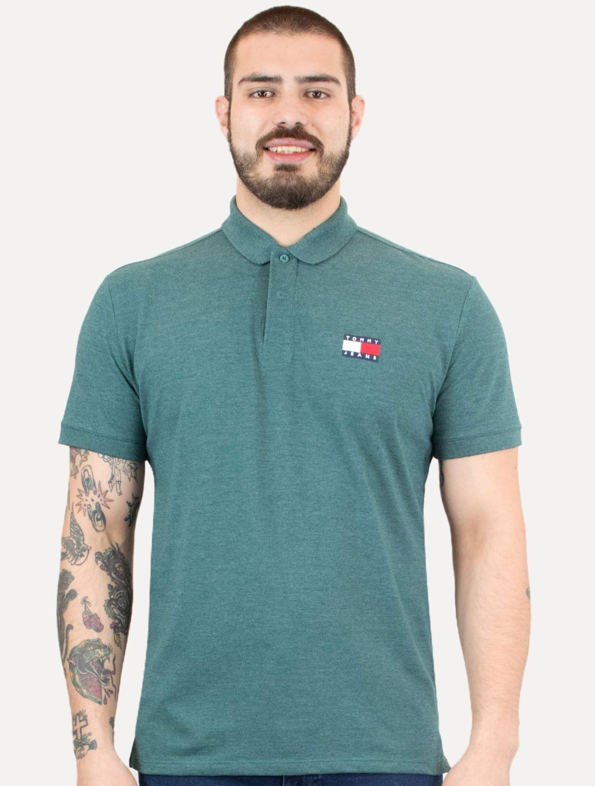 Polo Tommy Jeans Masculina Regular Heather XS Badge Mescla