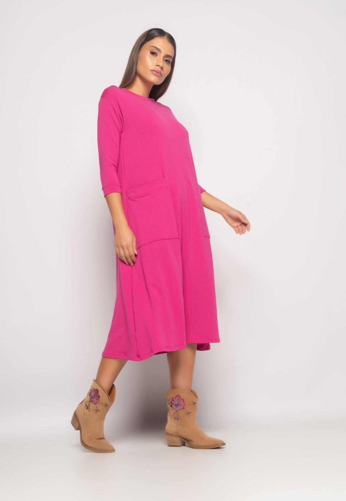 Vista 2 Vestido Midi Com Bolsos E Manga 7/8 Moletinho Salvatore Salvatore Fashion rosa