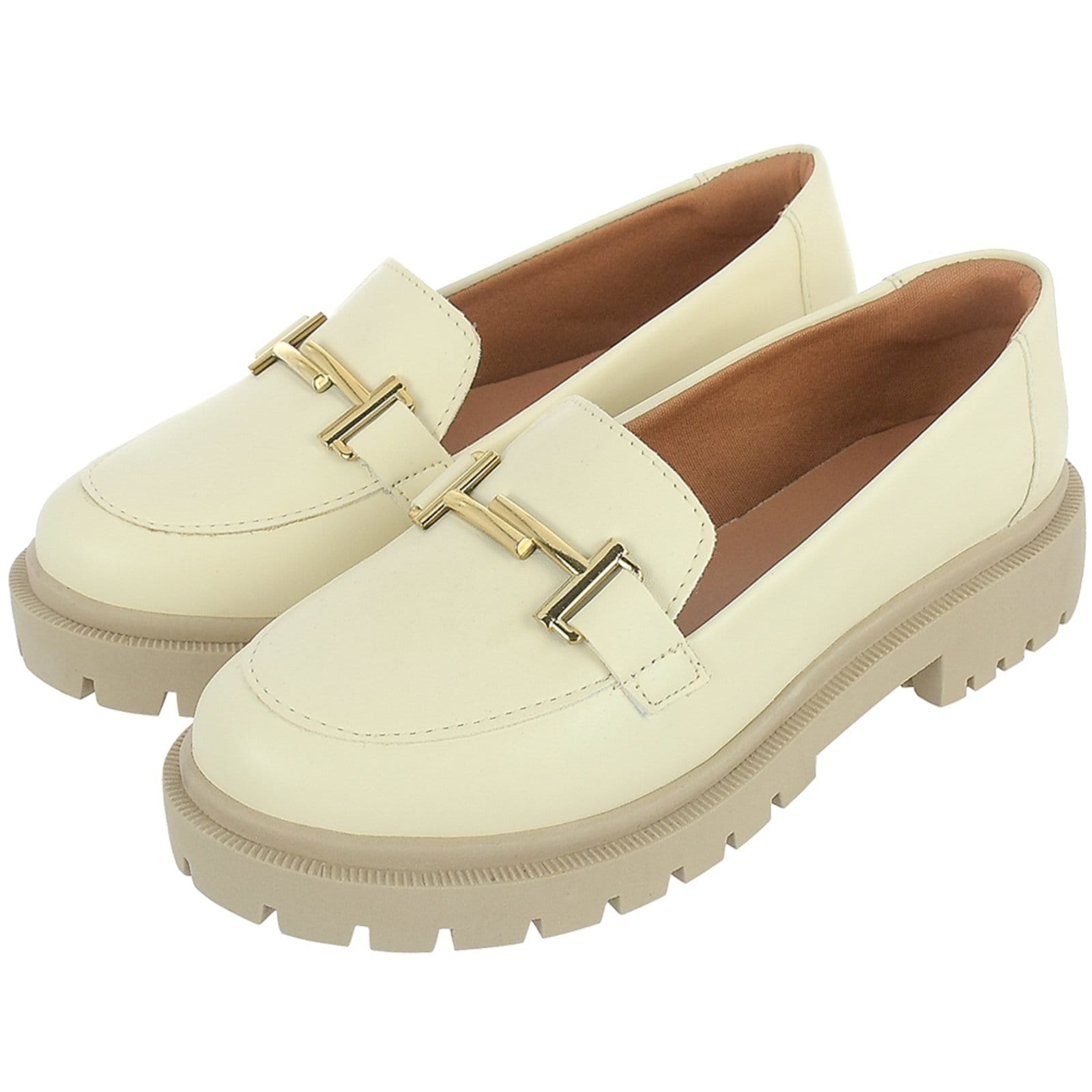Sapato Feminino Mocassim Tratorado CM Calçados Bico Redondo Confort Off White