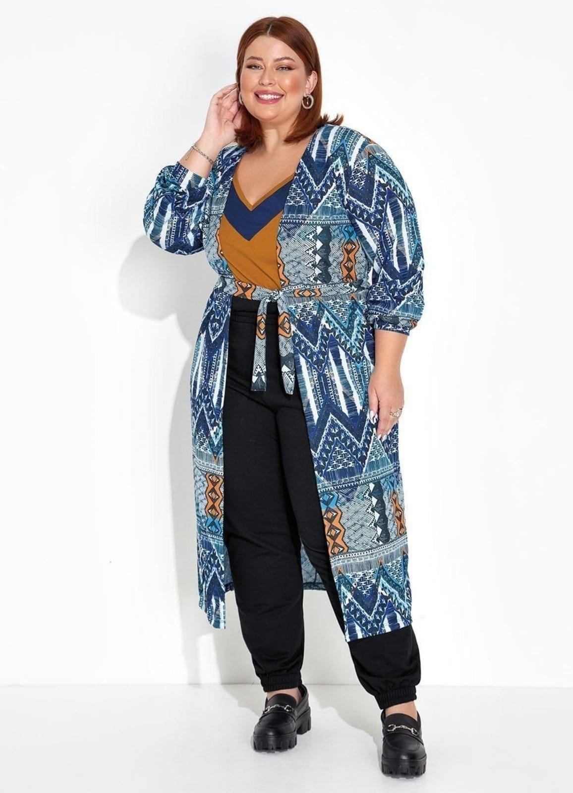 Vista 2 Cardigan Mangas Bufantes Plus Size Étnico Marguerite azul
