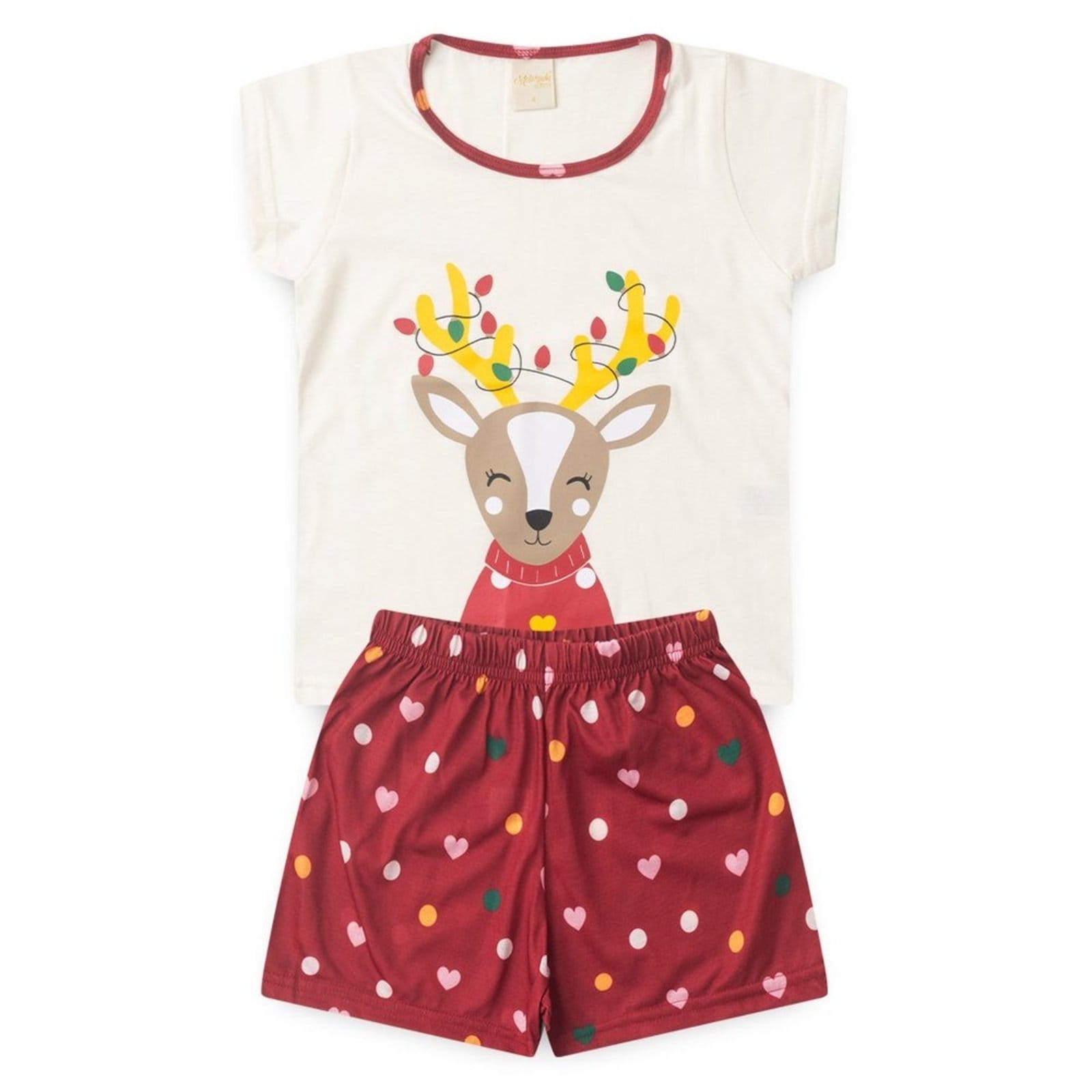 Vista 2 Pijama Natal Verão Menina Natural Blusa e Shorts Rena Natalina Molekada bege natural