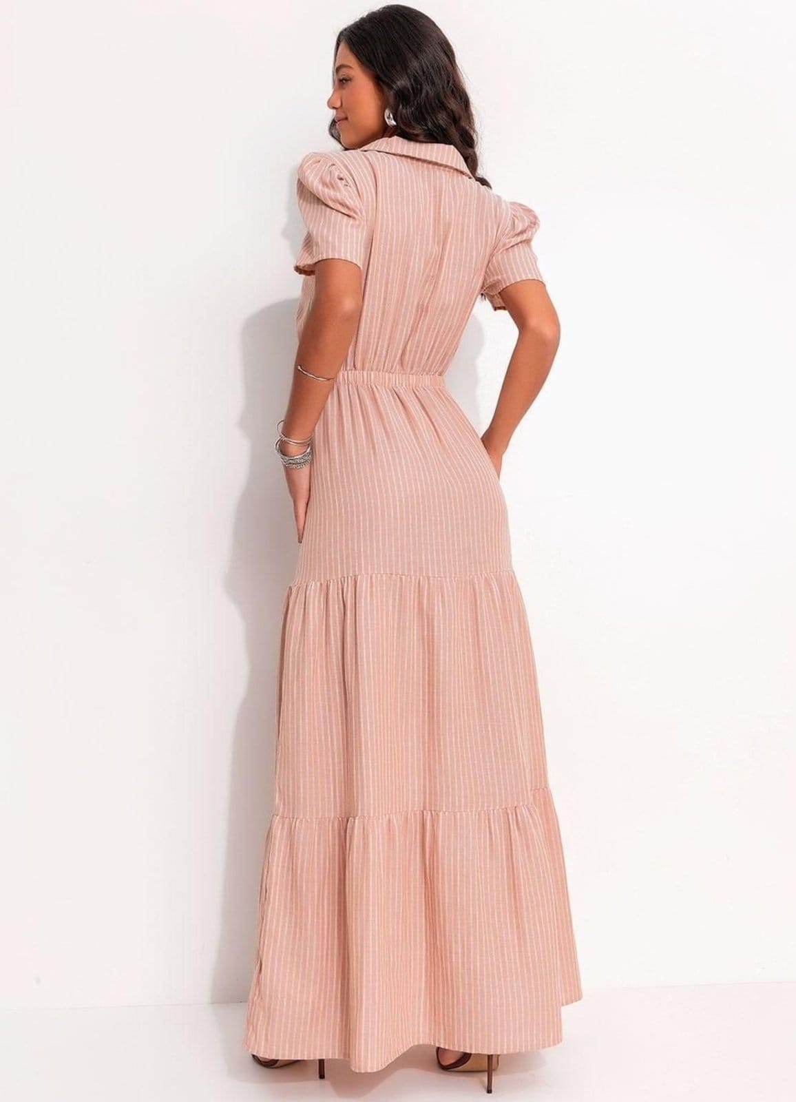 Vista 2 Vestido Em Voil De Algodão Listrado Mostarda Quintess marrom