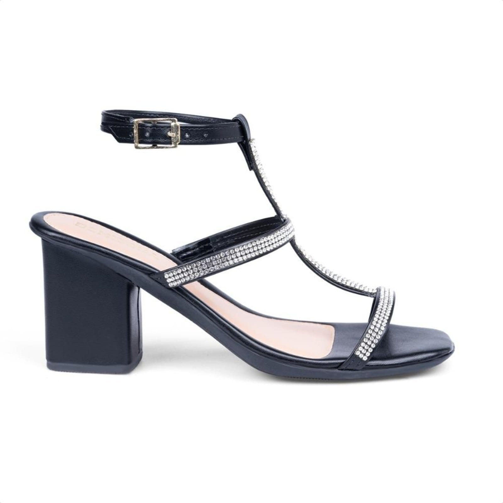 Vista 2 Sandália Feminina Preta Salto Bloco E Tiras Finas Em Strass Domidona preto
