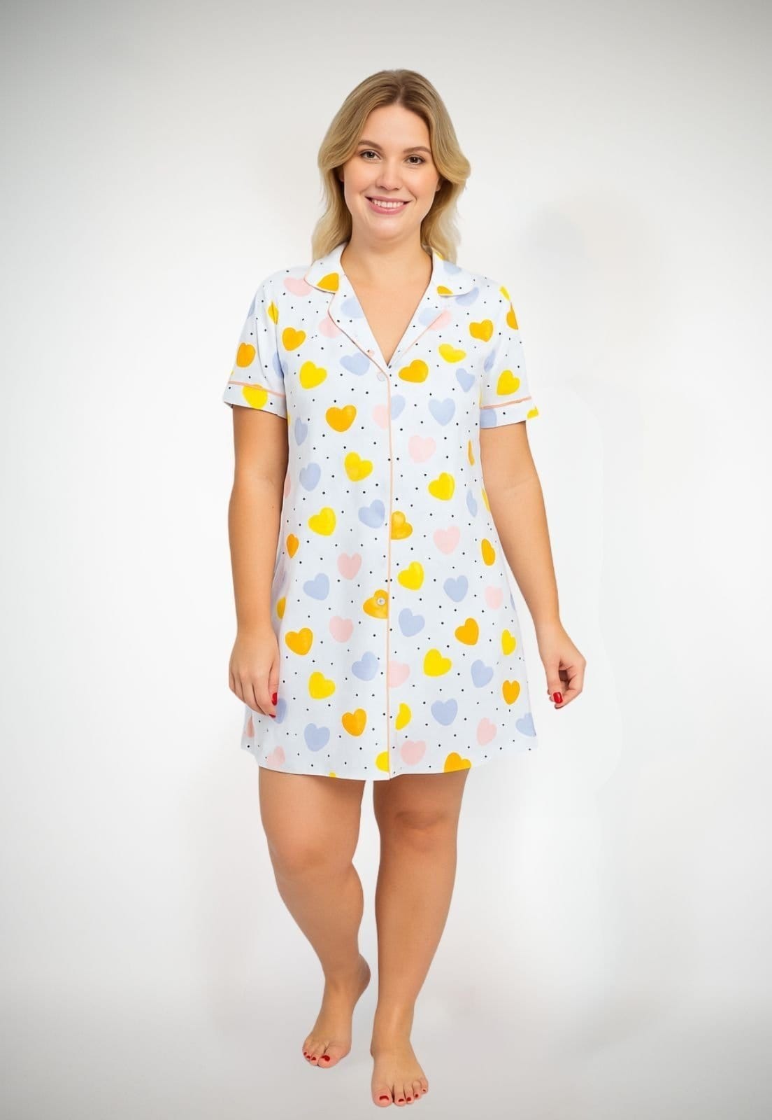 Vista principal Camisola Algodão Plus Sise Americana Curta Fiama - Corações Coloridos Piante branco