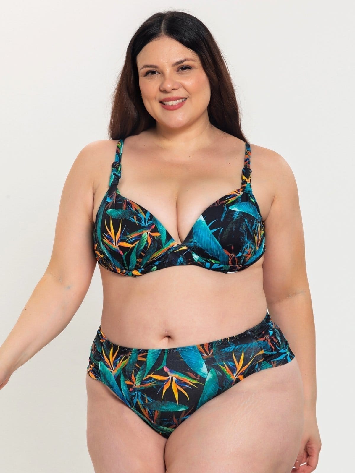 Biquini Plus Size Orla da Praia com Bojo Meia Taça e Calcinha Drapeada Floral Verde