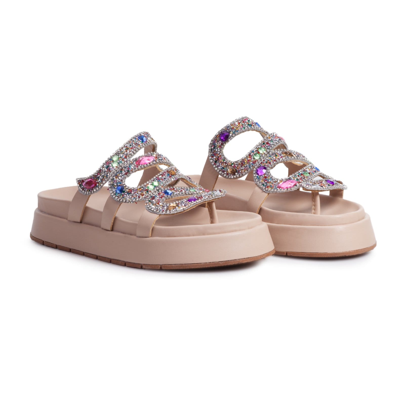 Sandália Plataforma Flat Nine4 Casual Detalhe Strass Brilhante Cobra Nude