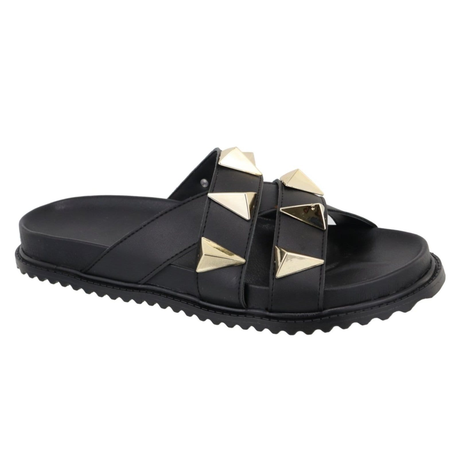 Vista principal Sandalia Papete Rasteira Flat Feminina Preta Piramides TELLINI STORE preto