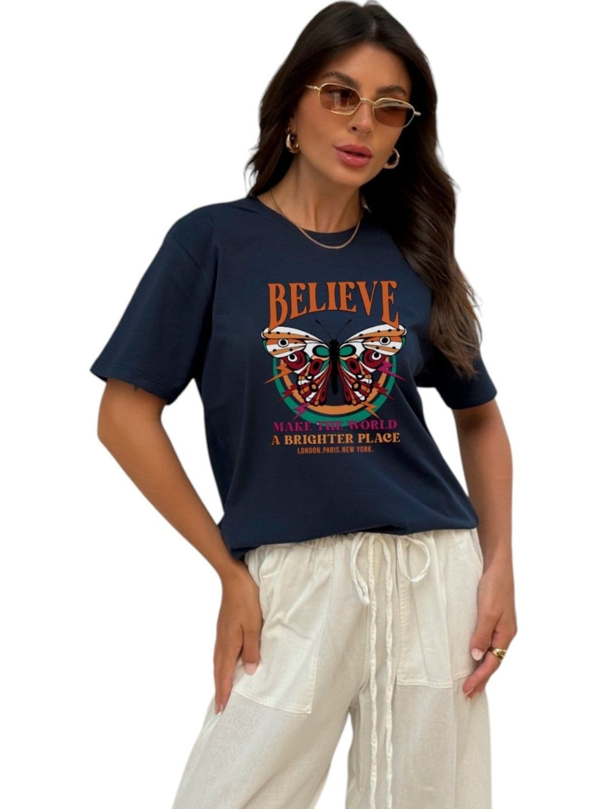 Vista 2 Camiseta Cianitas Azul Estampa Borboleta Believe Cianitas azul marinho