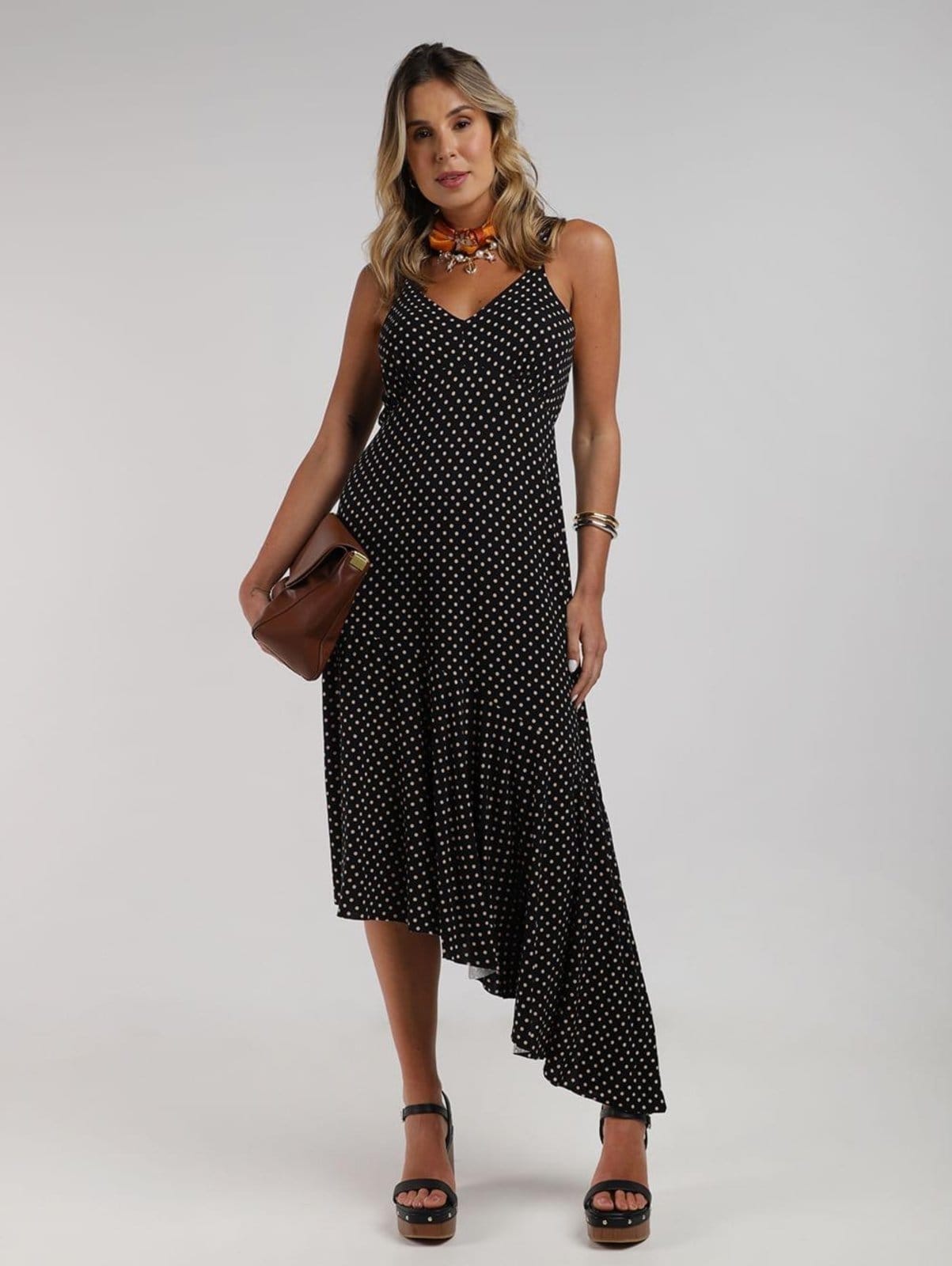 Vestido Midi Assimétrico Poá Autentique Feminino