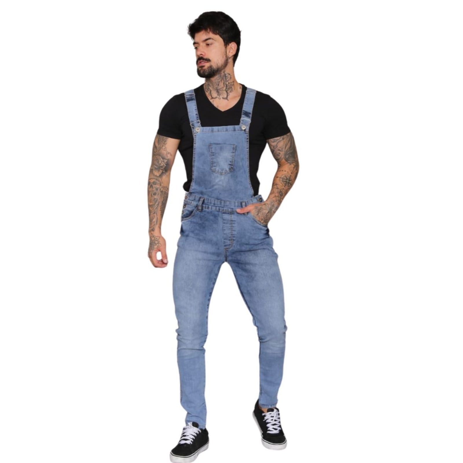 Vista principal Macacão Masculino Jeans Loka Manchado Jeans Loka azul