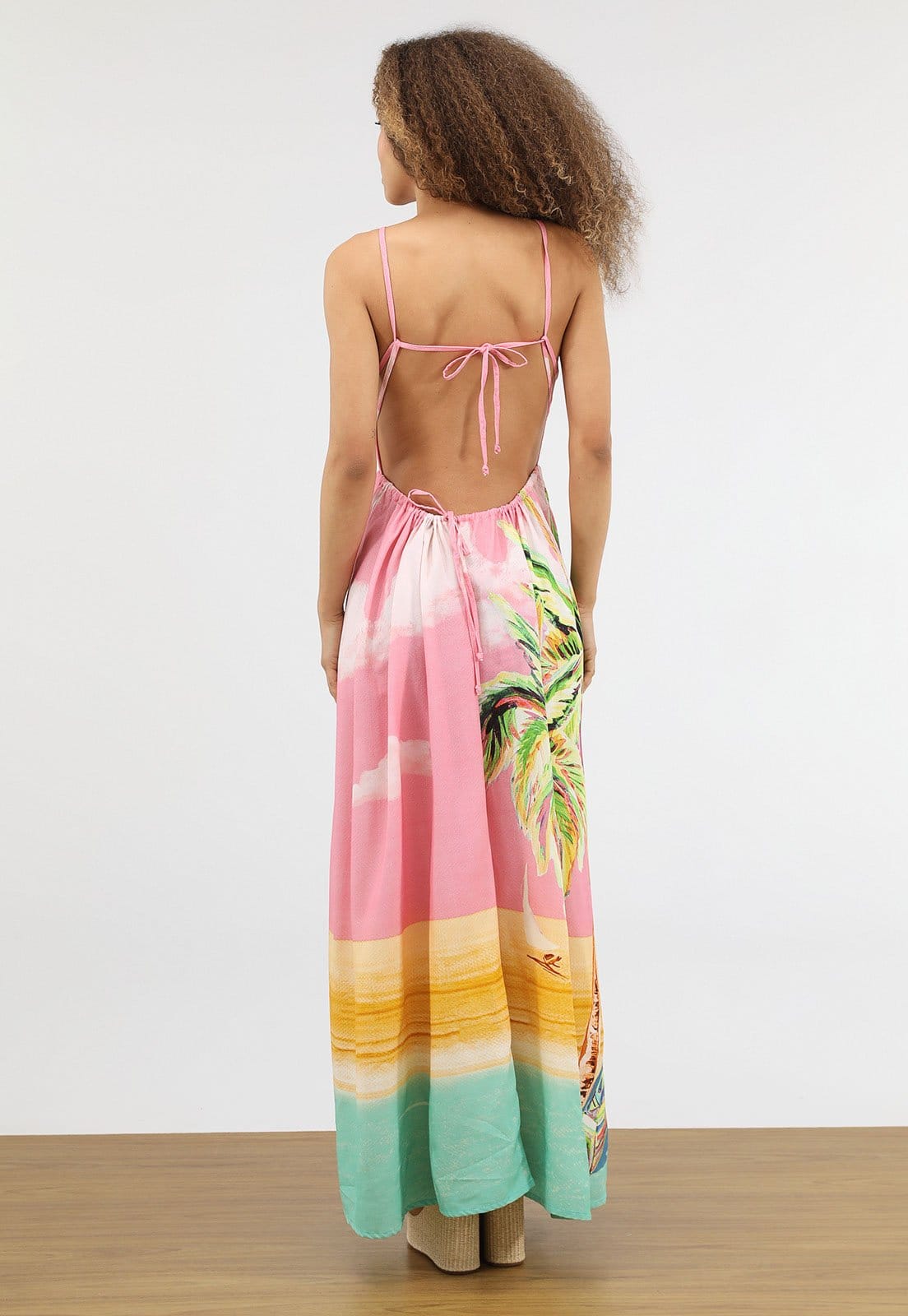 Vista 2 Vestido Feminino FARM Longo Estampa Tropical FARM rosa