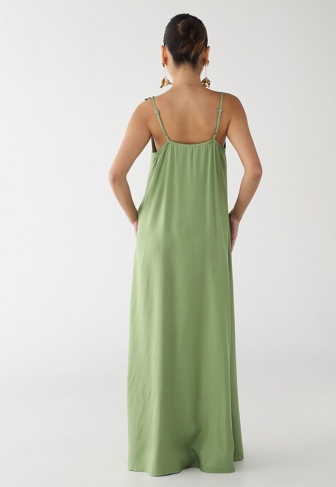 Vista 2 Vestido Longo Feminino CaCay Alça Aplique Flor CaCay verde
